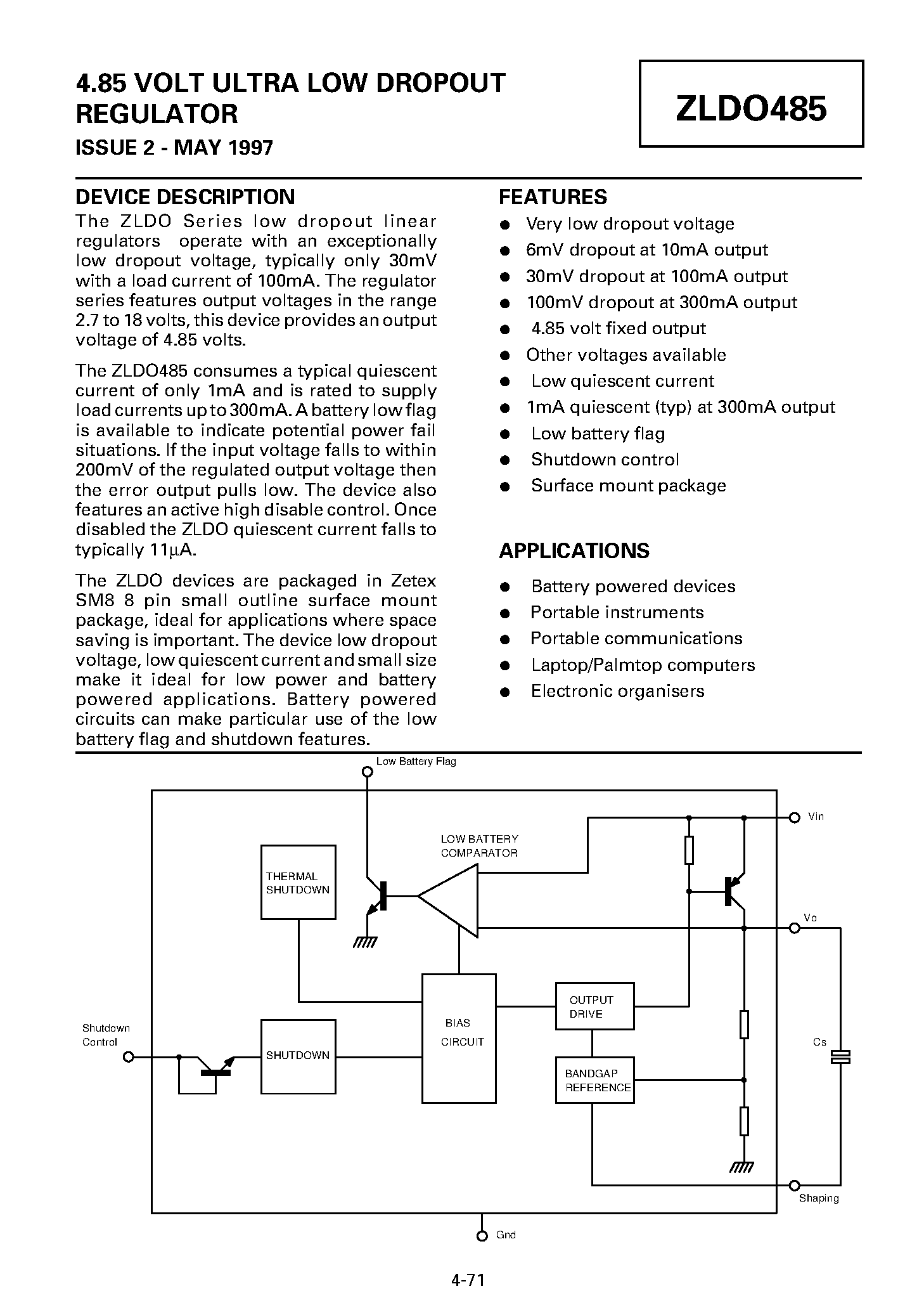 Даташит ZLDO485T8 - 4.85 VOLT ULTRA LOW DROPOUT REGULATOR страница 1