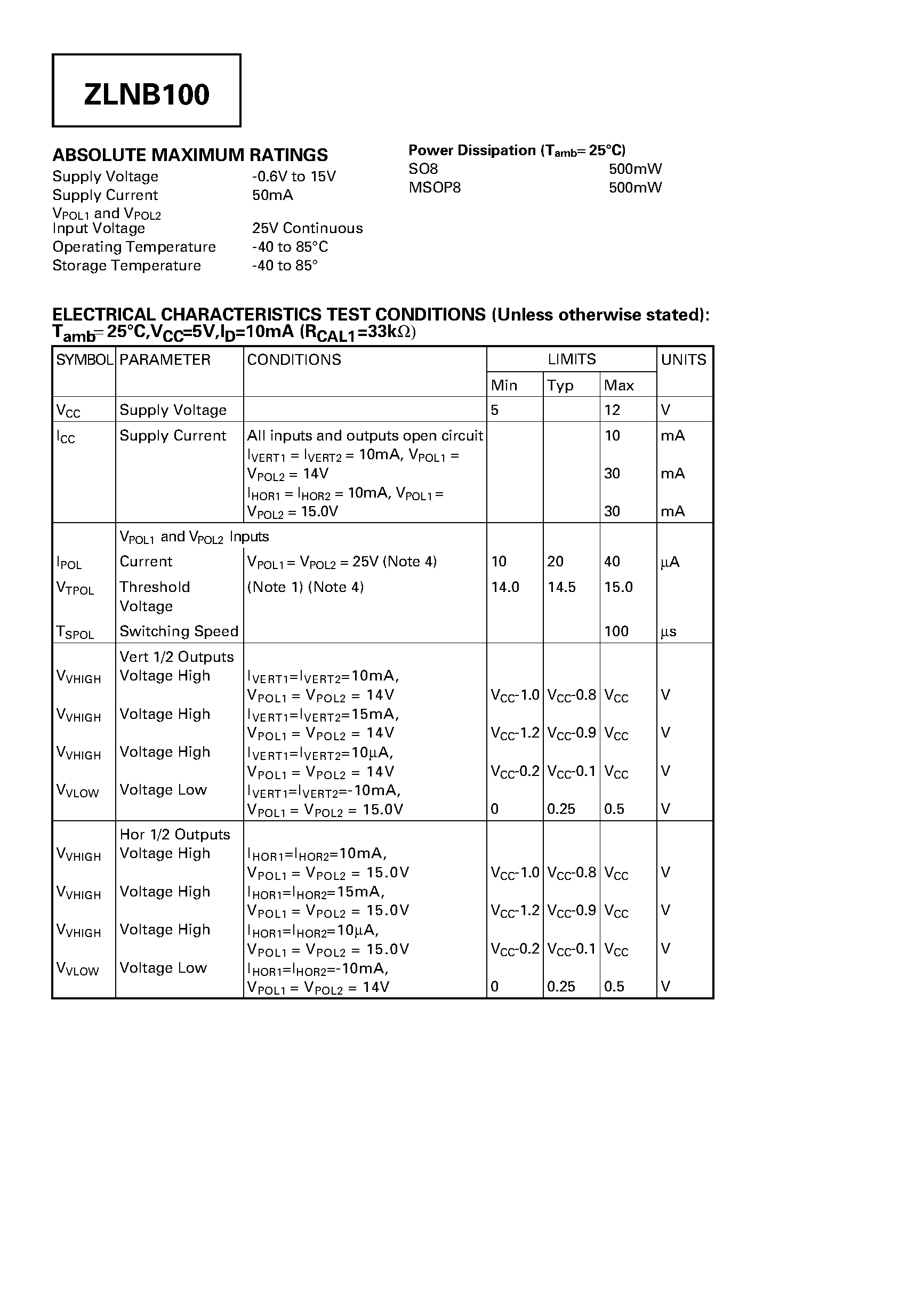 Datasheet ZLNB100N8 - DUAL POLARISATION SWITCH TWIN LNB MULTIPLEX CONTROLLER page 2