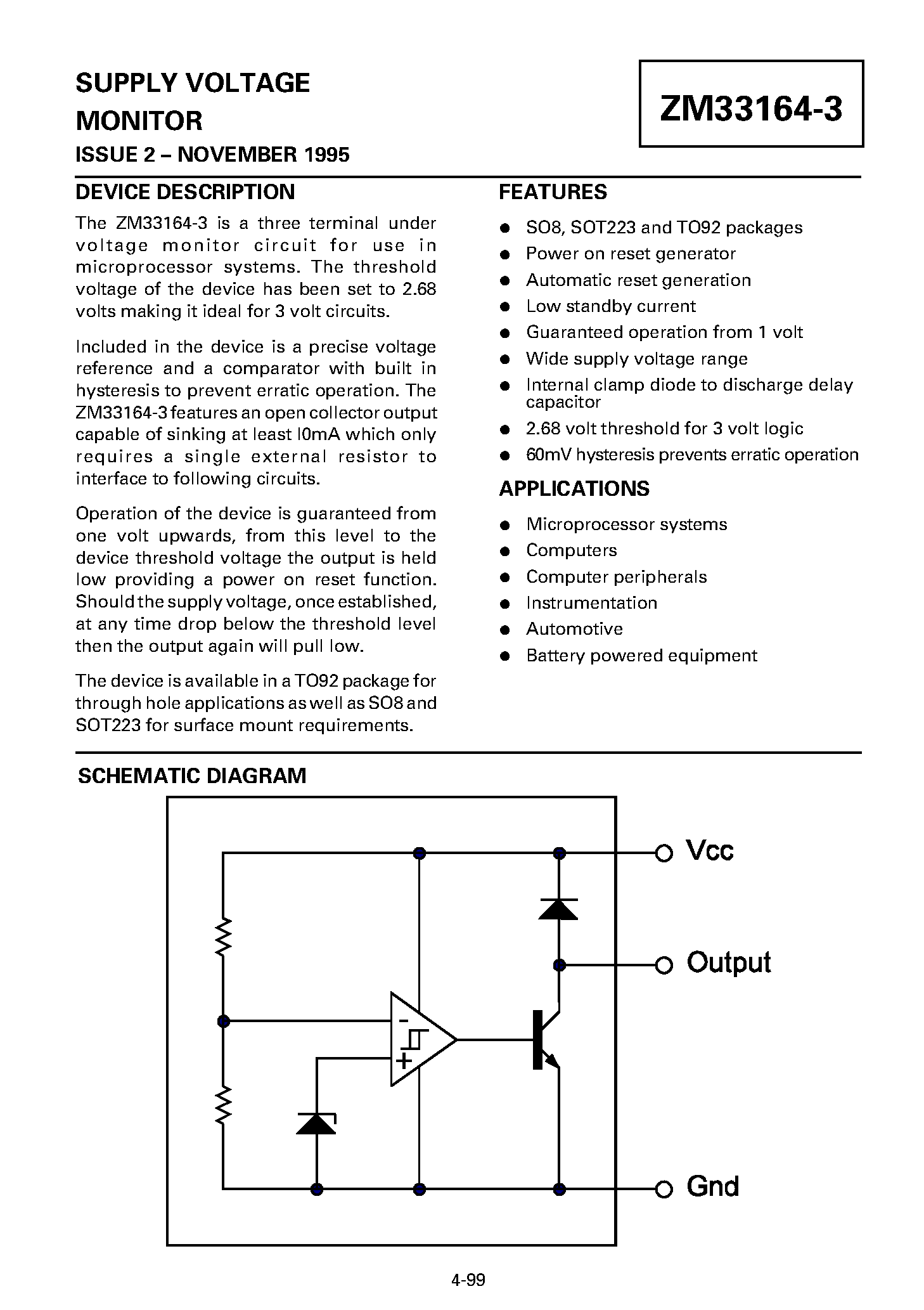 Datasheet ZM33164-3 page 1 Datasheet ZM33164-3 - SUPPLY VOLTAGE MONITOR page 1