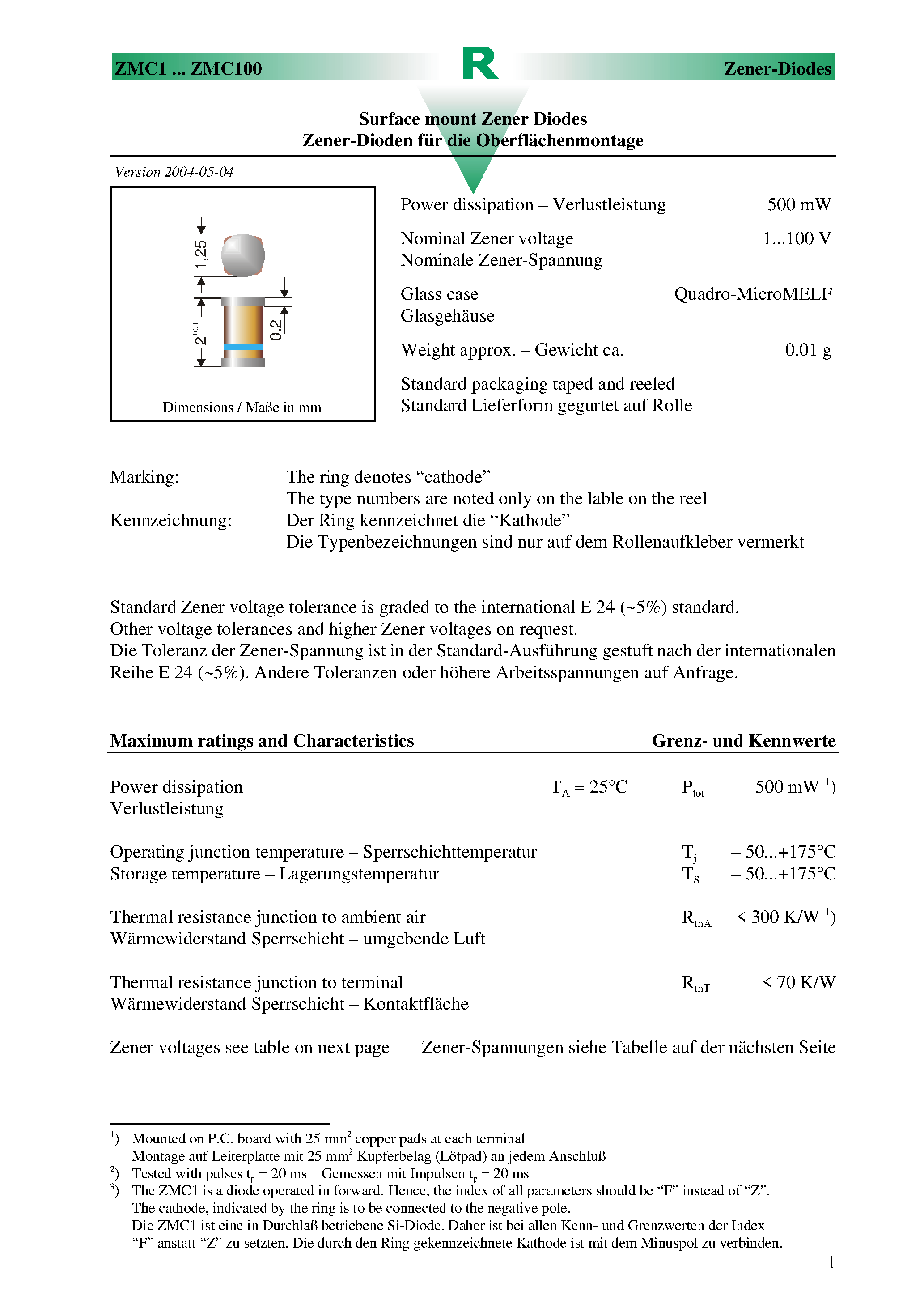 Datasheet ZMC18 - Surface mount Zener Diodes page 1