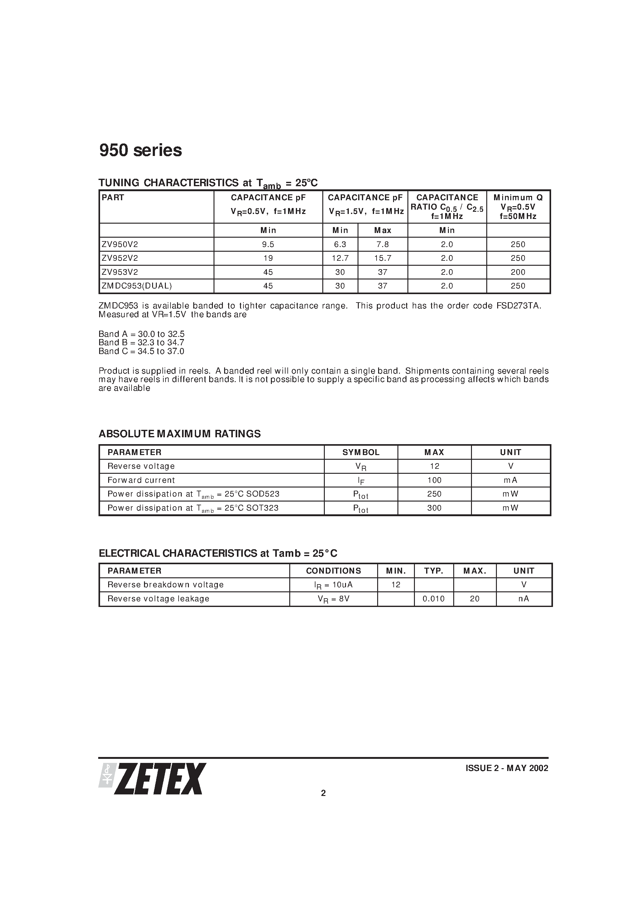 Datasheet ZMDC953TA - SILICON LOW VOLTAGE HYPERABRUPT VARACTOR DIODES page 2
