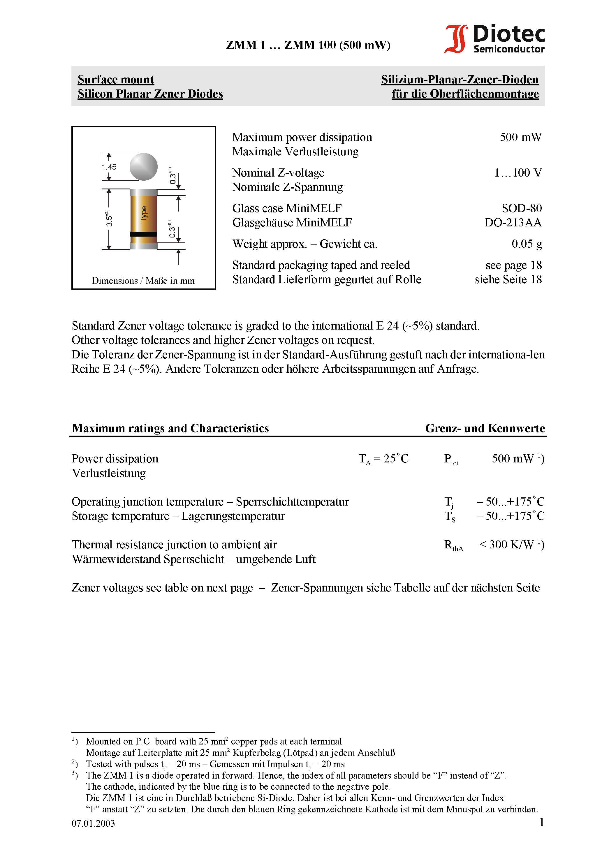 Даташит ZMM3.6 - Surface mount Silicon Planar Zener Diodes страница 1
