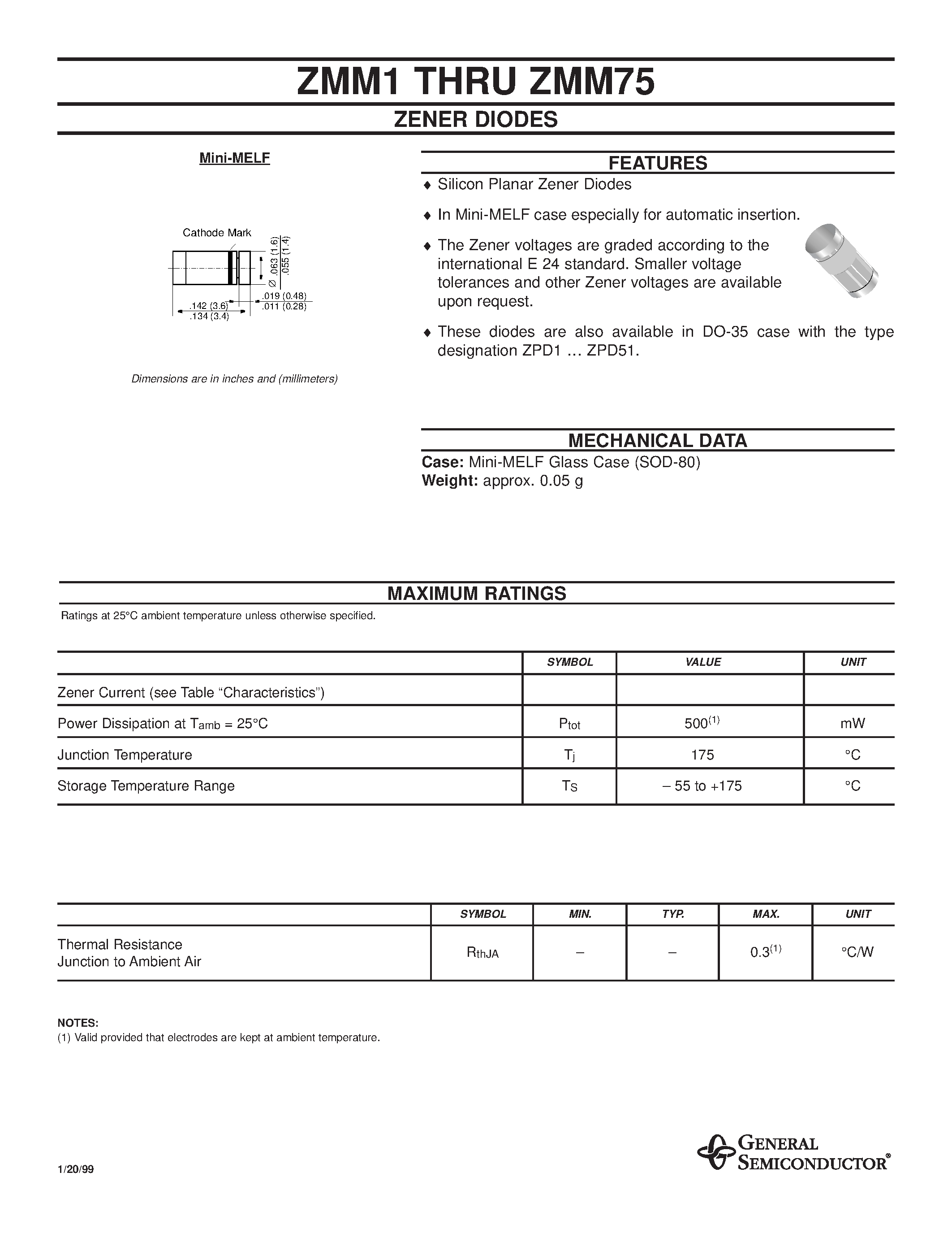 Datasheet ZMM4.7 - Silicon Planar Zener Diodes page 1