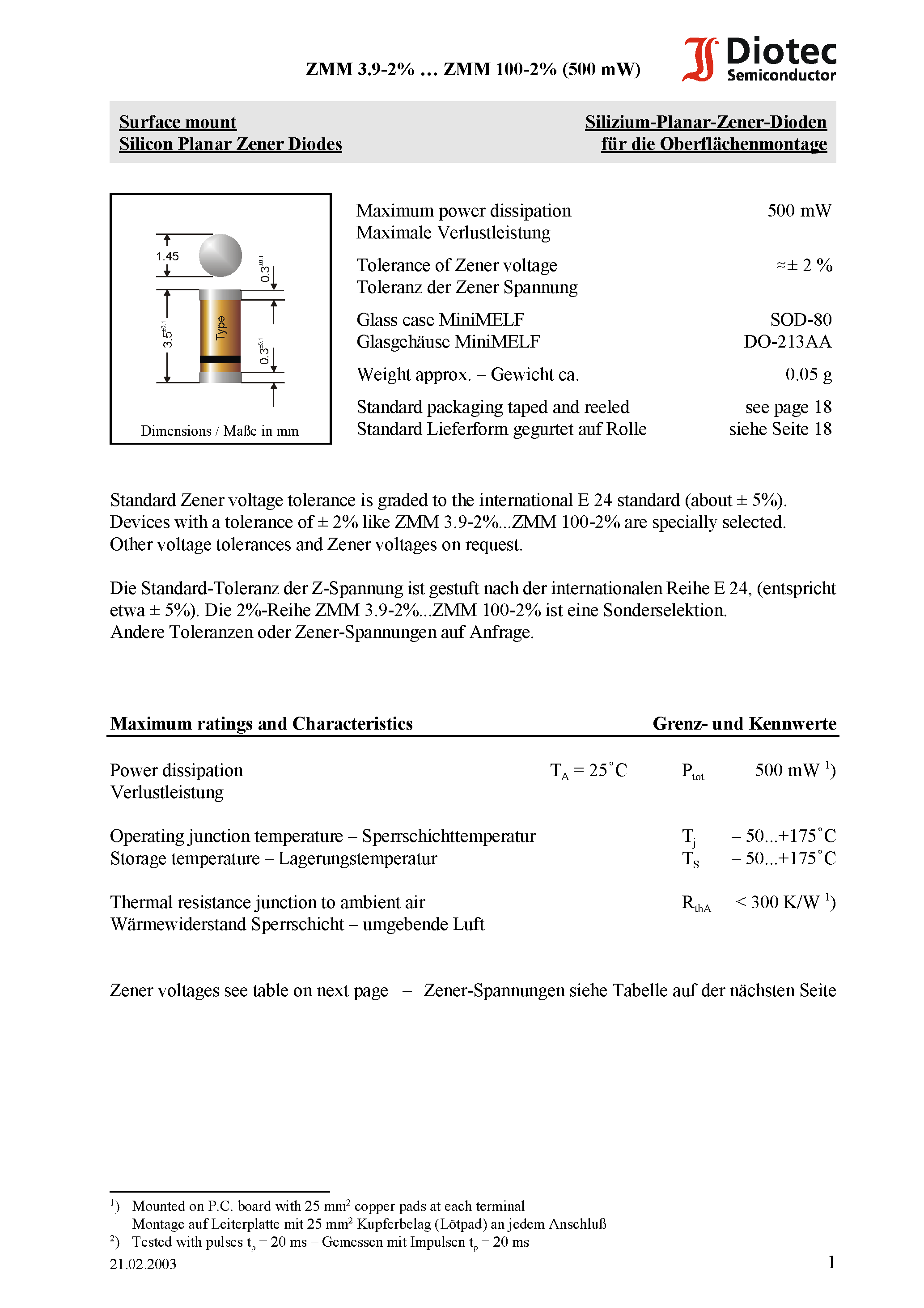 Datasheet ZMM47 - Surface mount Silicon Planar Zener Diodes page 1