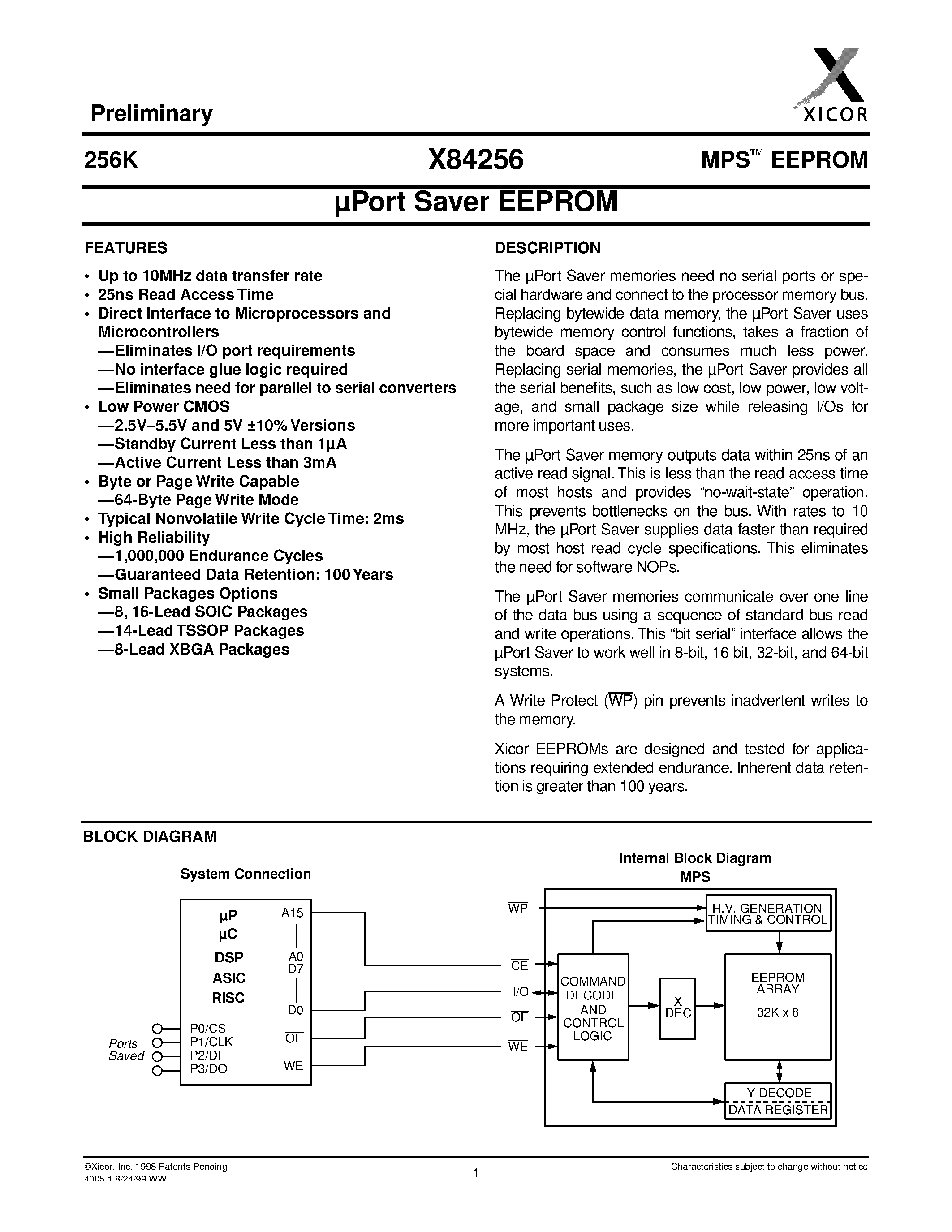 Datasheet X84256V14I-2.5 - UPort Saver EEPROM page 1