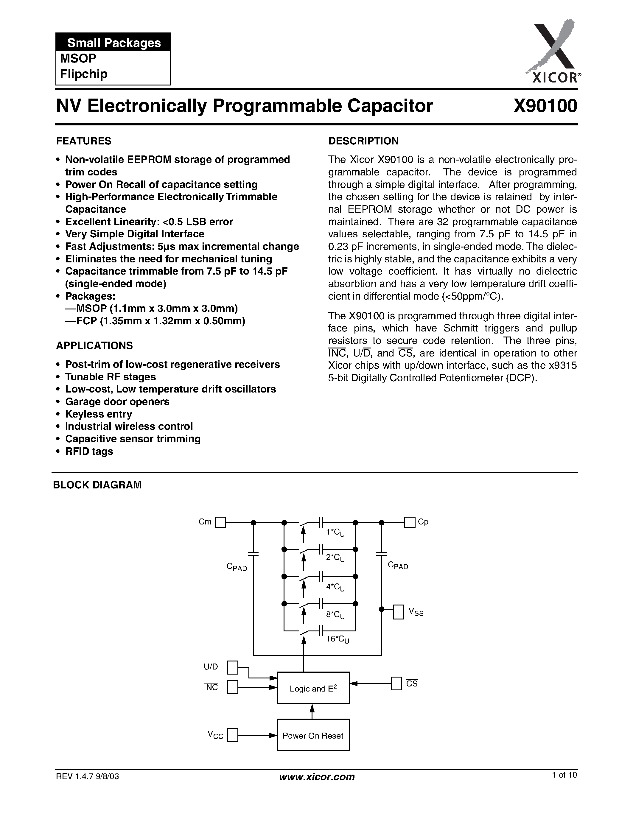 Datasheet X90100MI - NV Electronically Programmable Capacitor page 1
