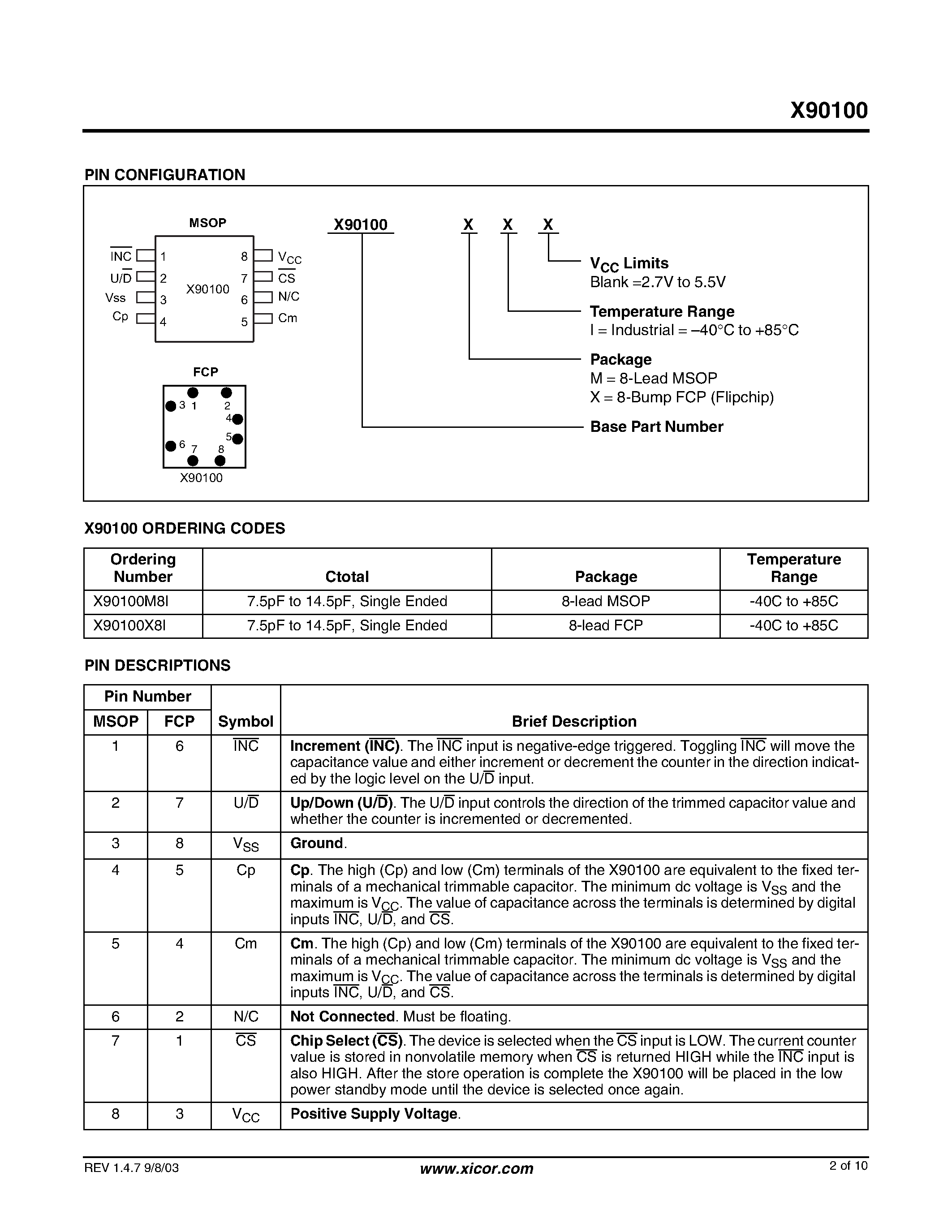 Datasheet X90100XI - NV Electronically Programmable Capacitor page 2