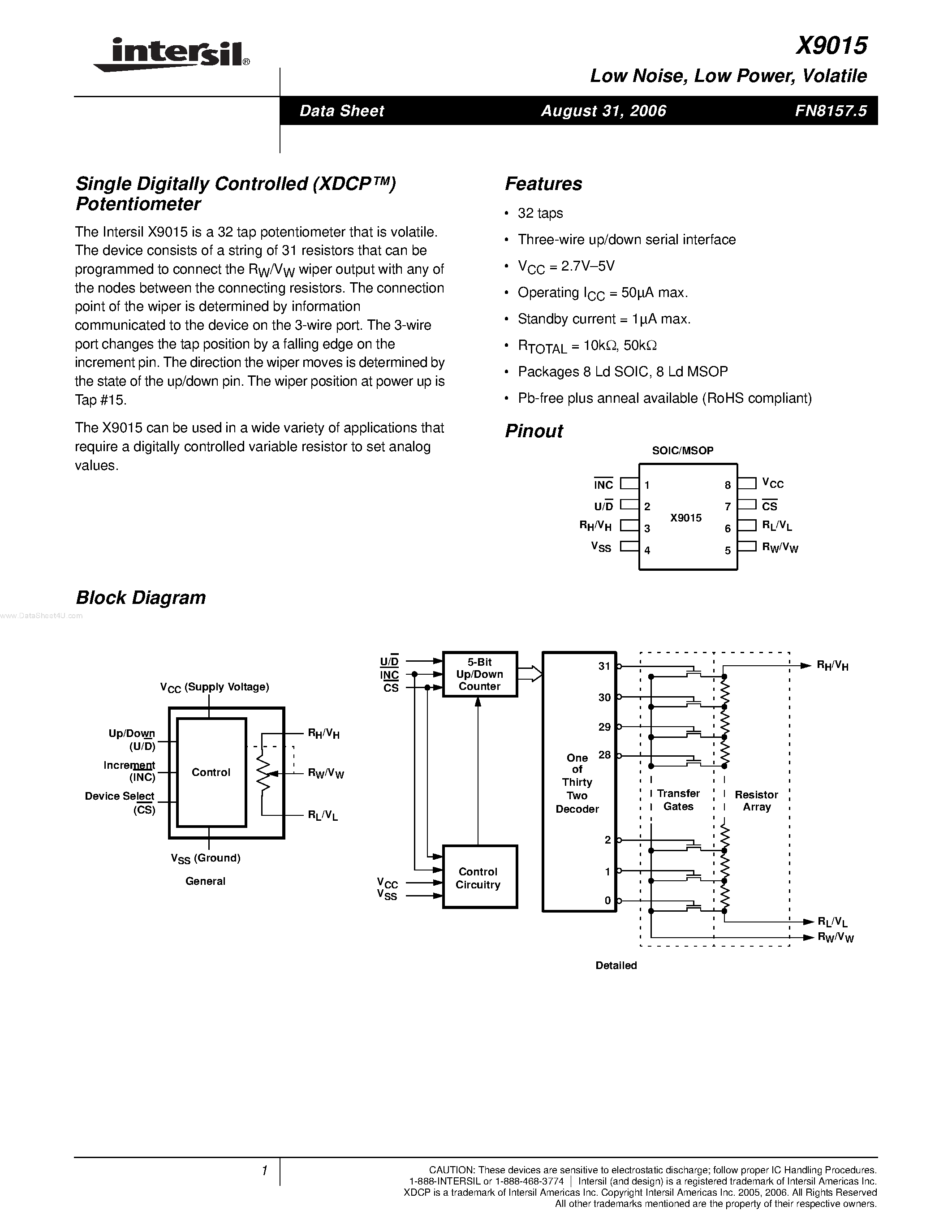 Datasheet X9015US-2.7 - Digitally-Controlled Potentiometer page 1
