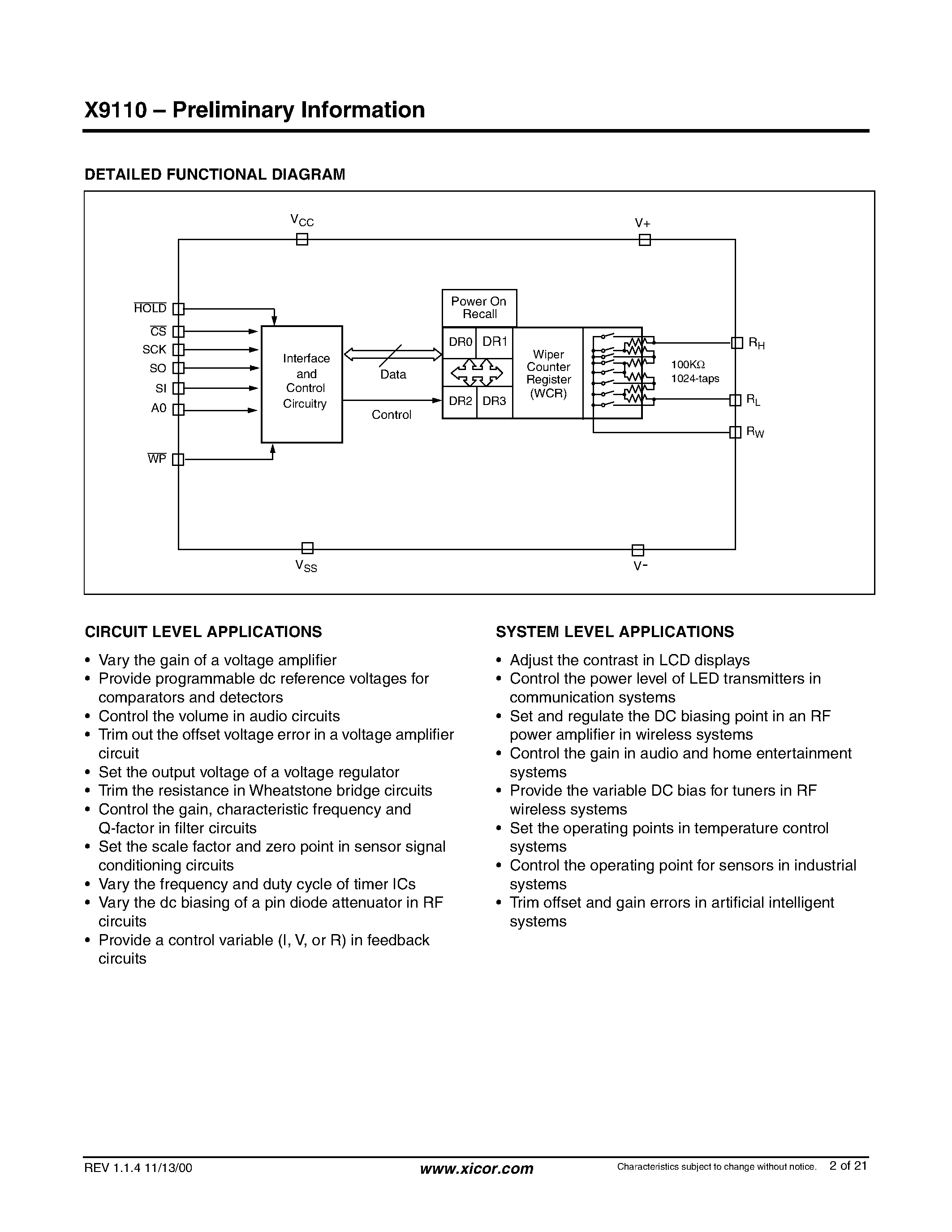 Datasheet X9110TV14I-2.7 page 2 Datasheet X9110TV14I-2.7 - Single Digitally-Controlled (XDCP) Potentiometer page 2