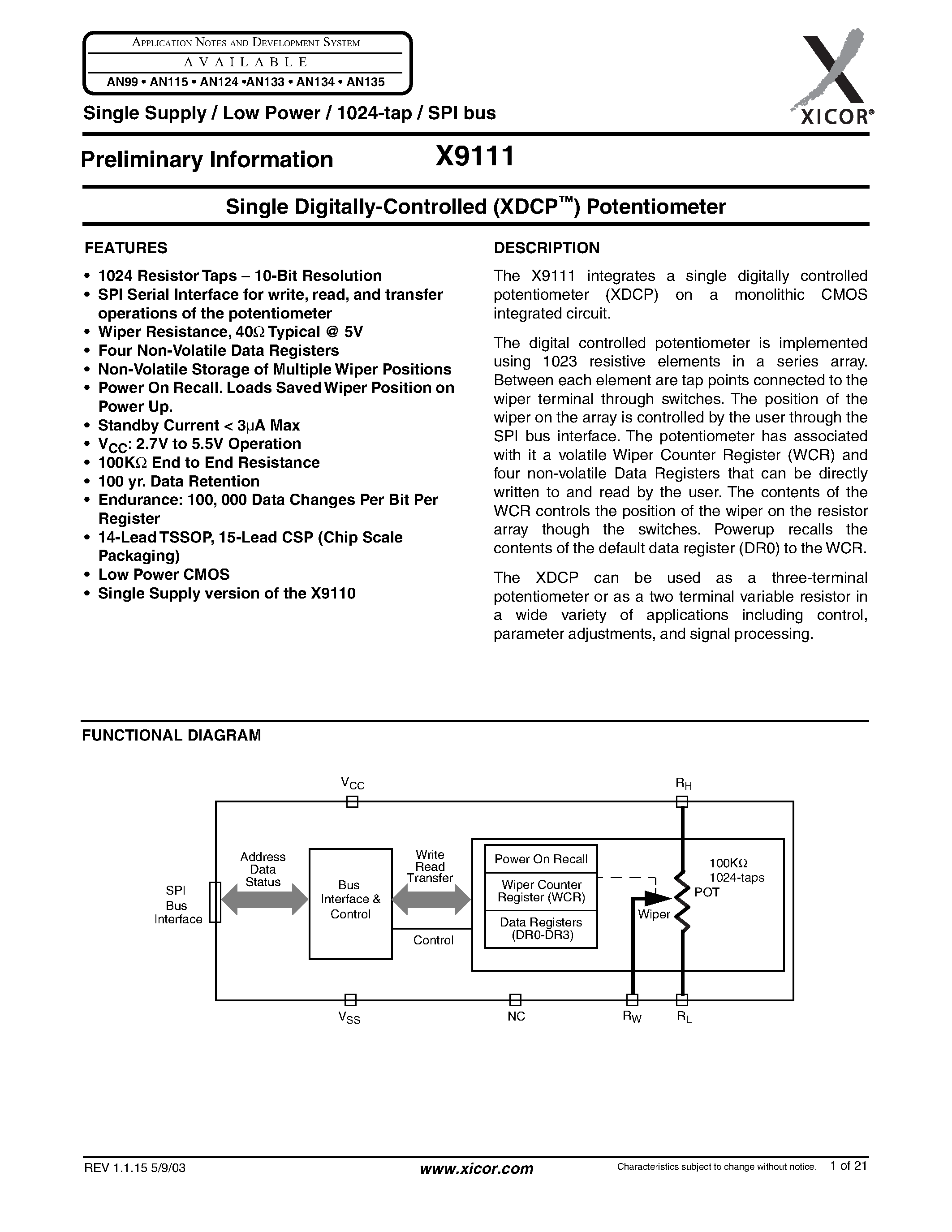 Datasheet X9111TB15I-2.7 page 1 Datasheet X9111TB15I-2.7 - Single Digitally-Controlled Potentiometer page 1