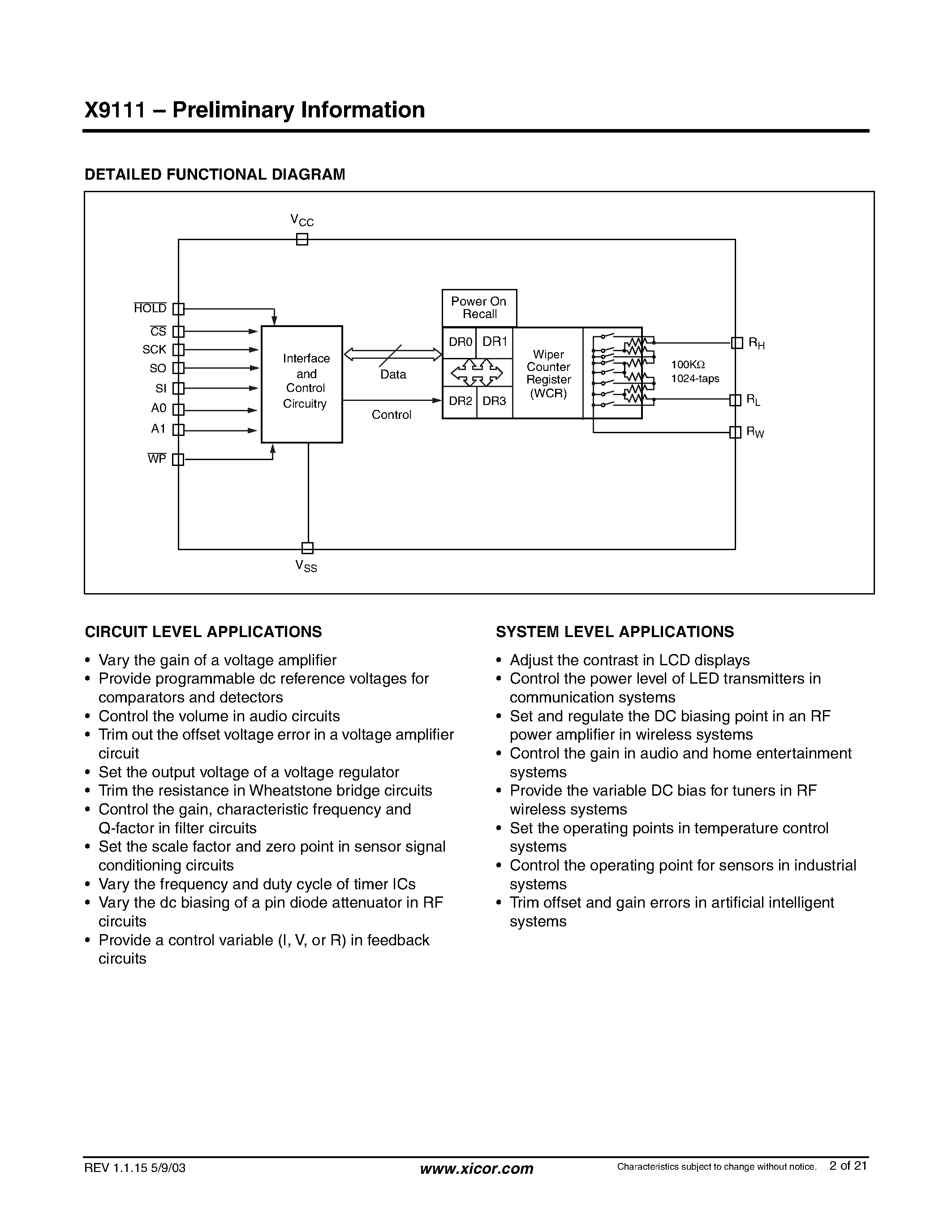 Datasheet X9111TB15I-2.7 page 2 Datasheet X9111TB15I-2.7 - Single Digitally-Controlled Potentiometer page 2