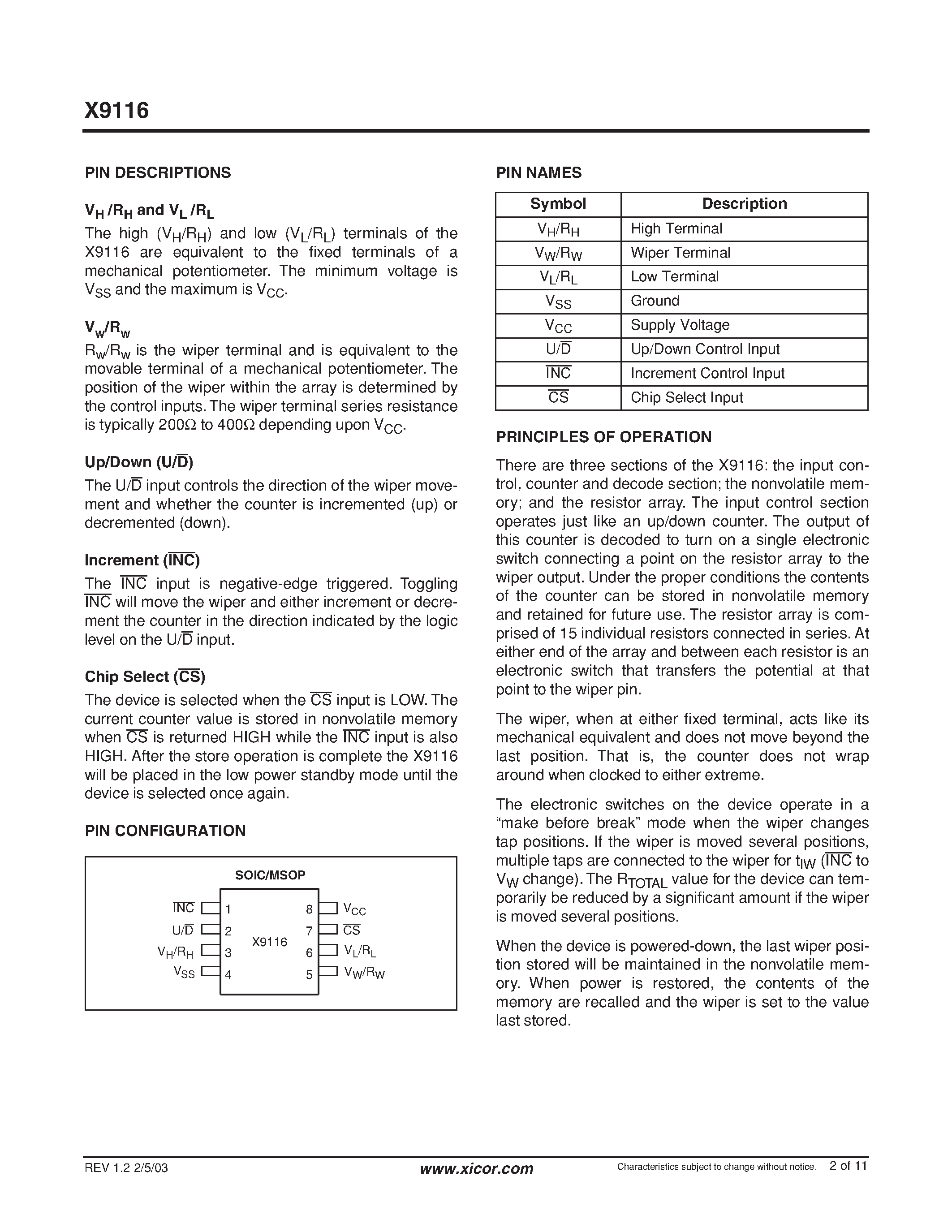 Datasheet X9116WS8-2.7 - Digitally Controlled Potentiometer (XDCP) page 2