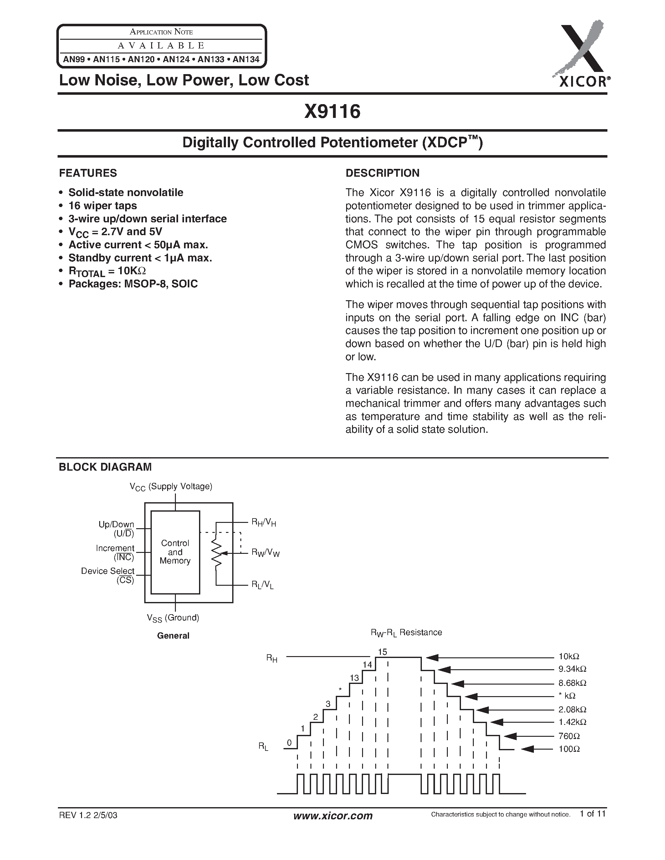 Datasheet X9116WS8I-2.7 - Digitally Controlled Potentiometer (XDCP) page 1