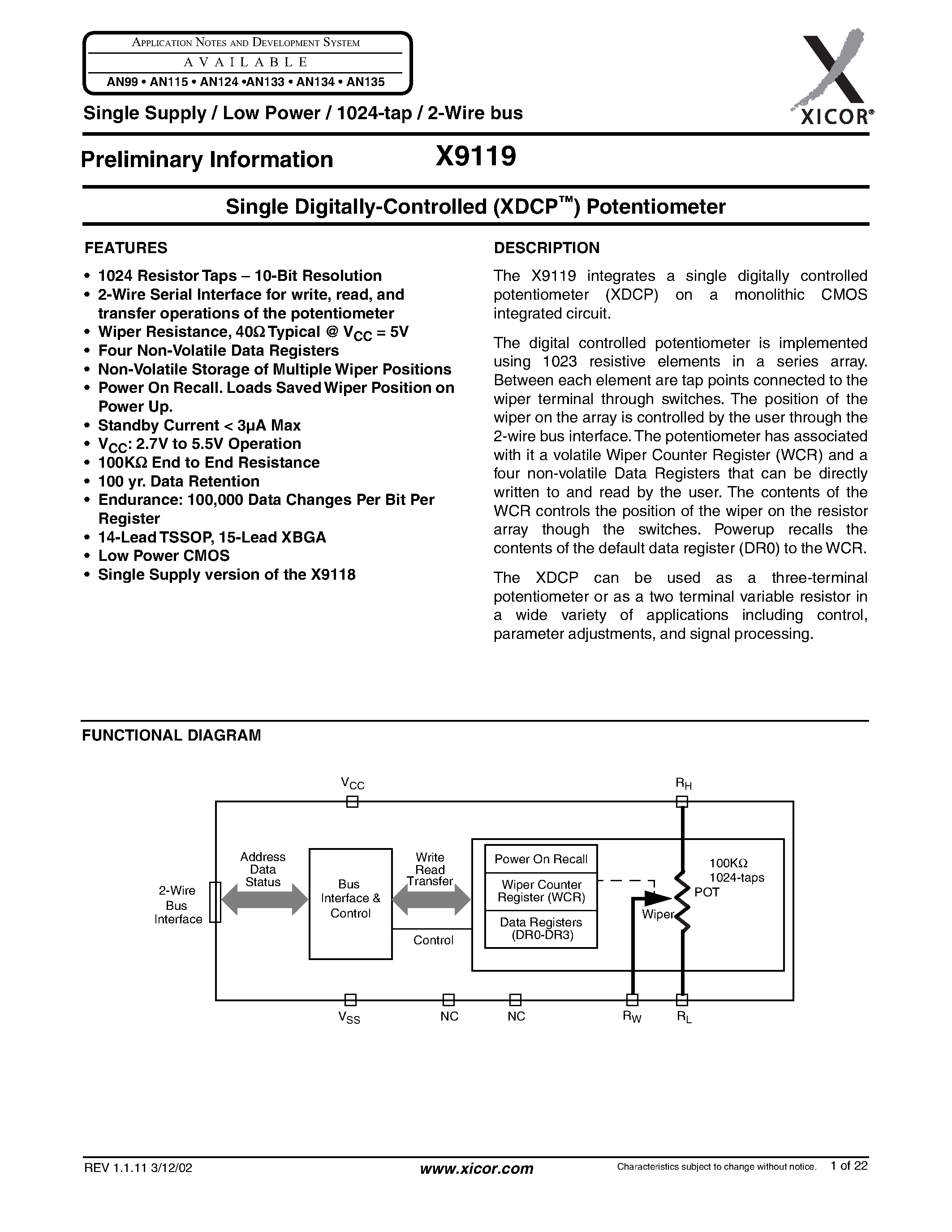 Datasheet X9119TB15I-2.7 - Single Digitally-Controlled Potentiometer page 1