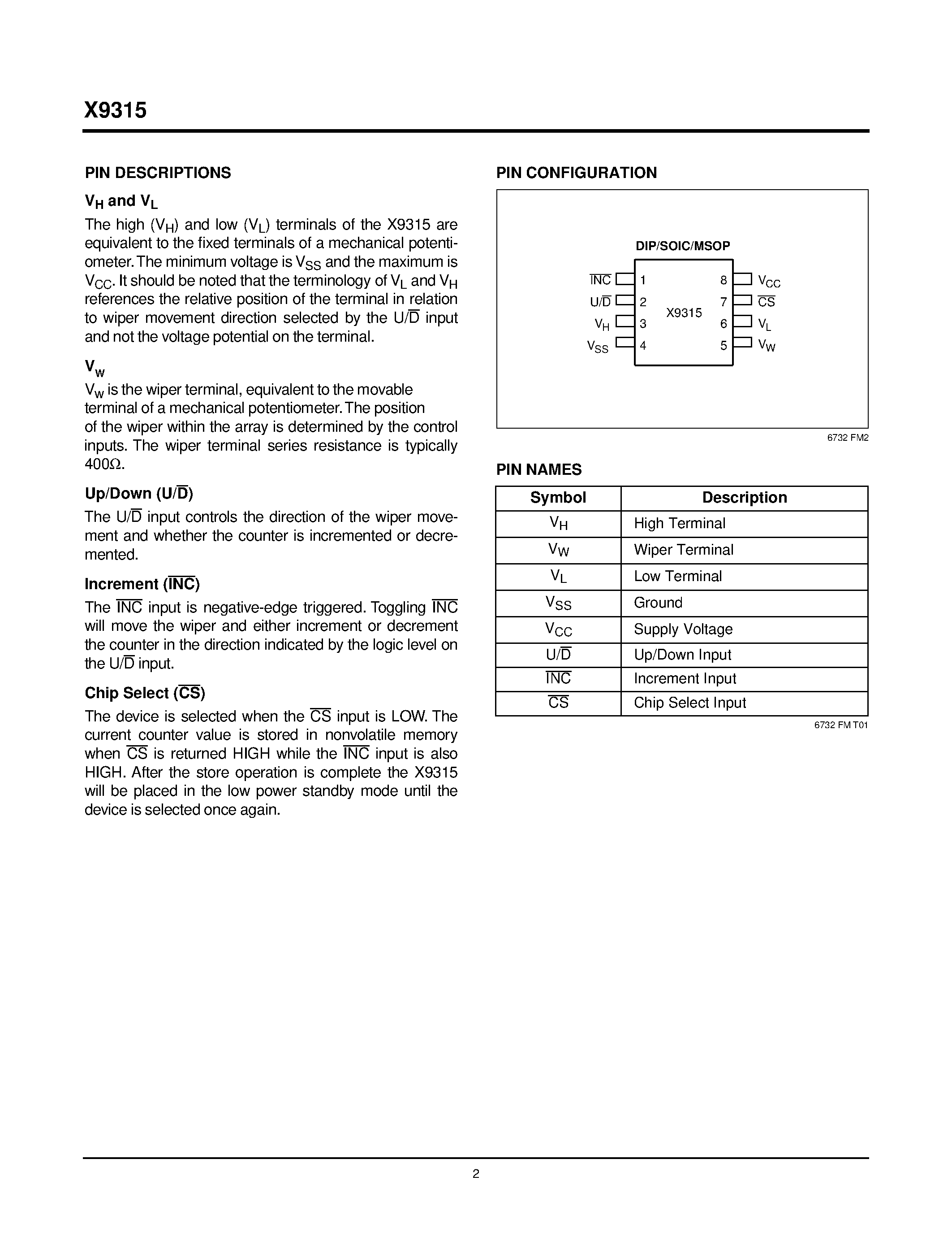 Datasheet X9315 - E 2 POT TM Nonvolatile Digital Potentiometer page 2