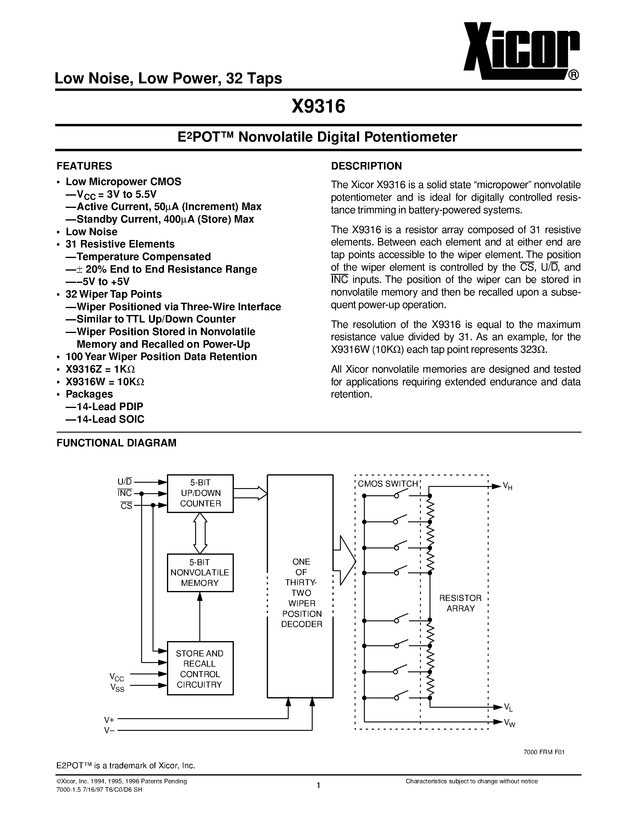 Даташит X9316 - E 2 POT Nonvolatile Digital Potentiometer страница 1