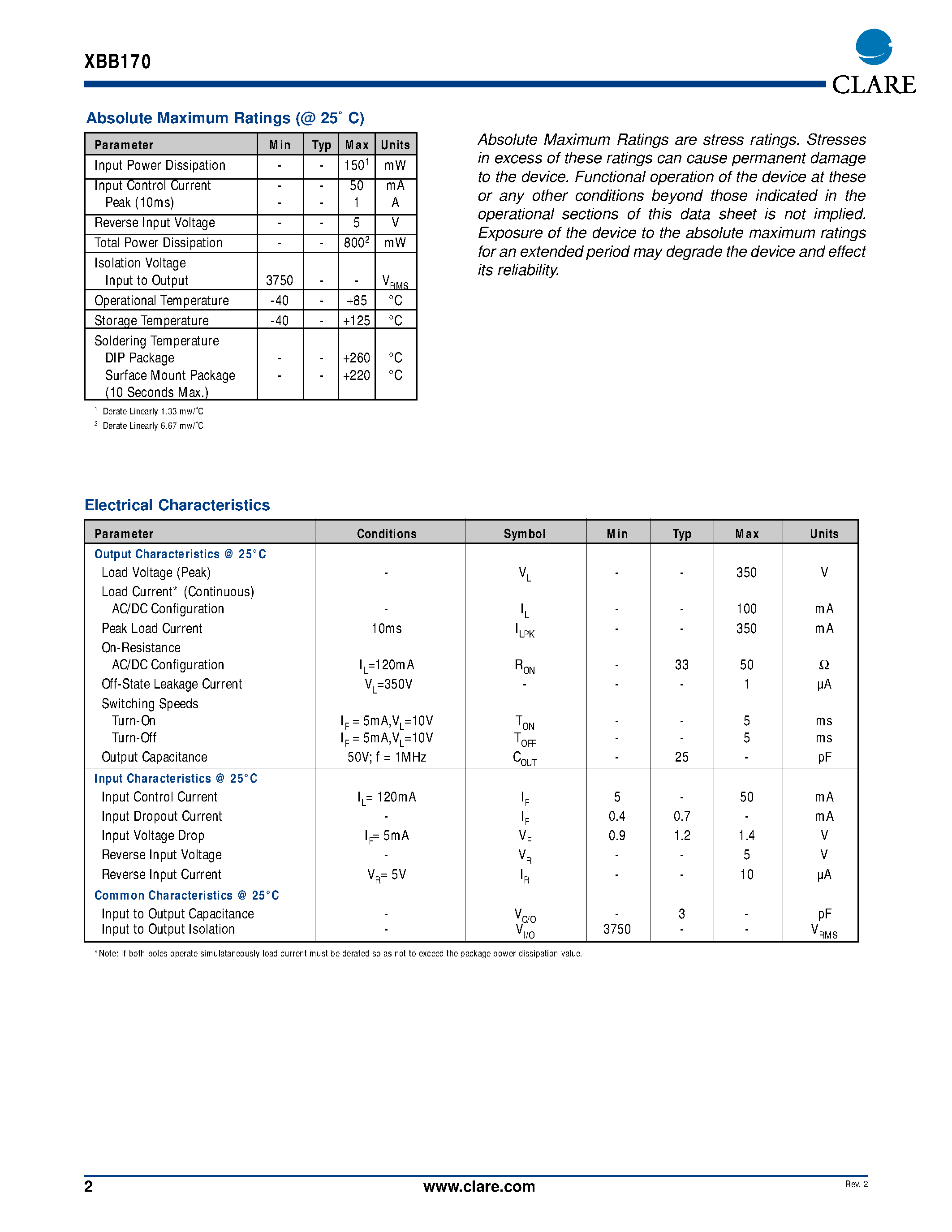 Datasheet XBB170PTR - DUAL POLE OptoMOS Relay page 2