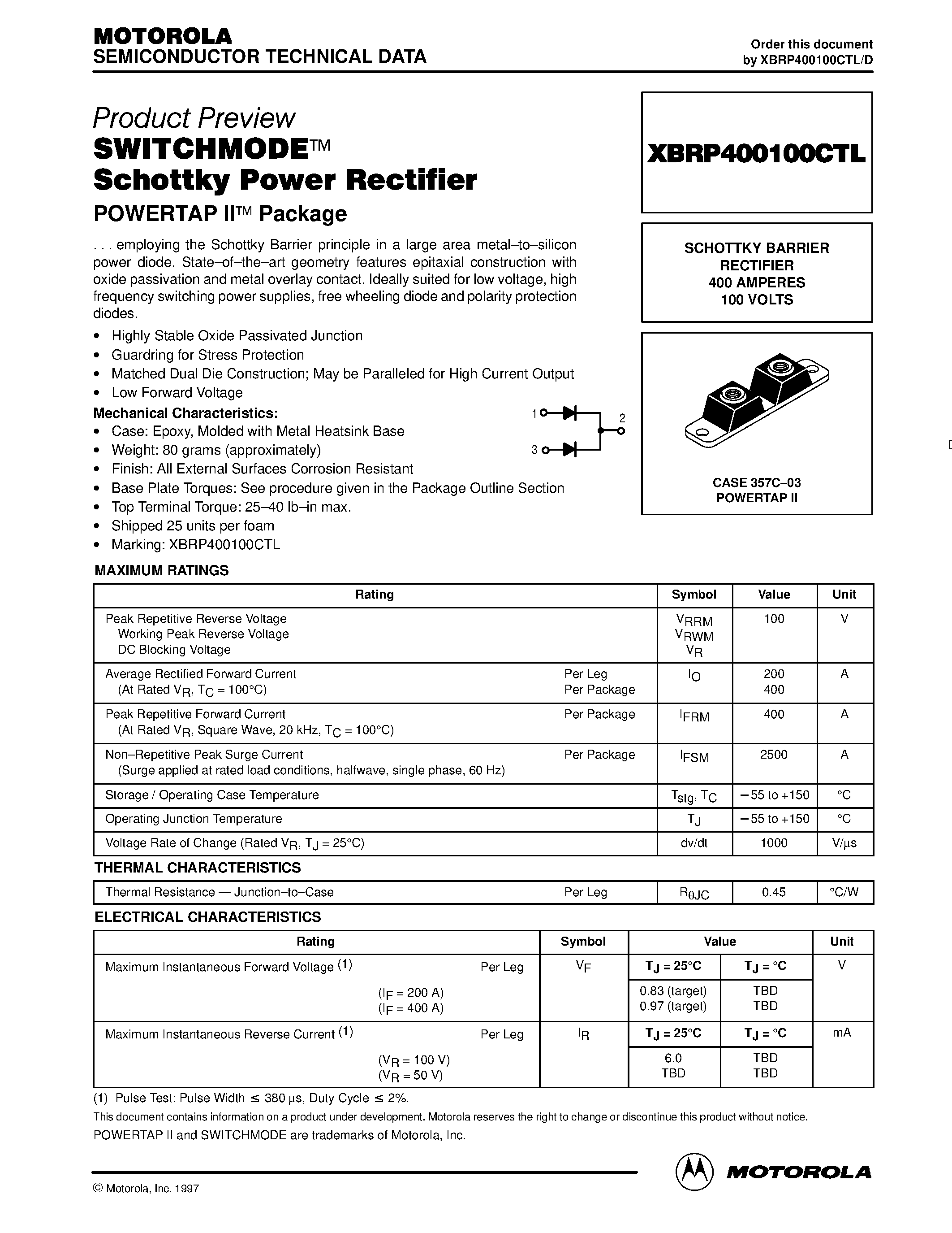 Datasheet XBRP400100CTL page 1 Datasheet XBRP400100CTL - SCHOTTKY BARRIER RECTIFIER page 1