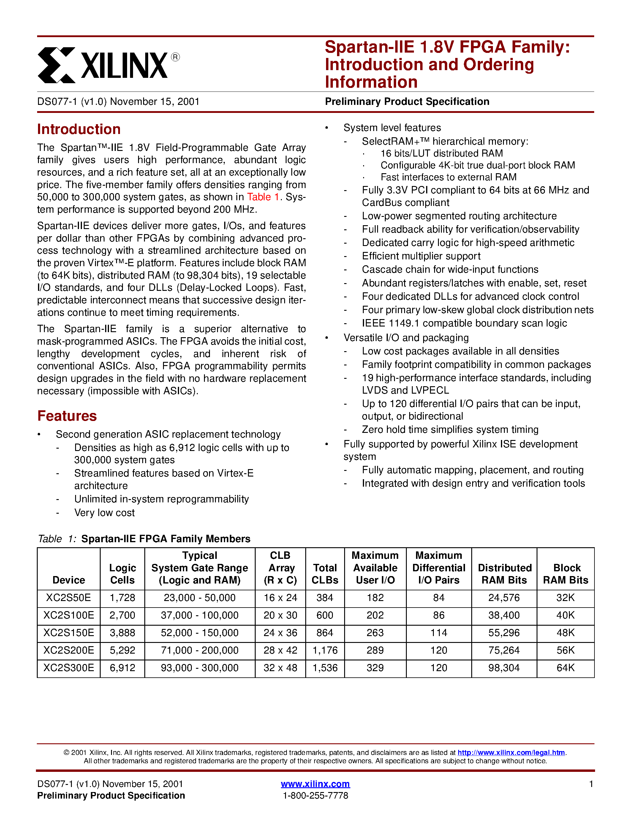Datasheet XC2S100E-7TQ144I page 1 Datasheet XC2S100E-7TQ144I - Spartan-IIE 1.8V FPGA Family page 1