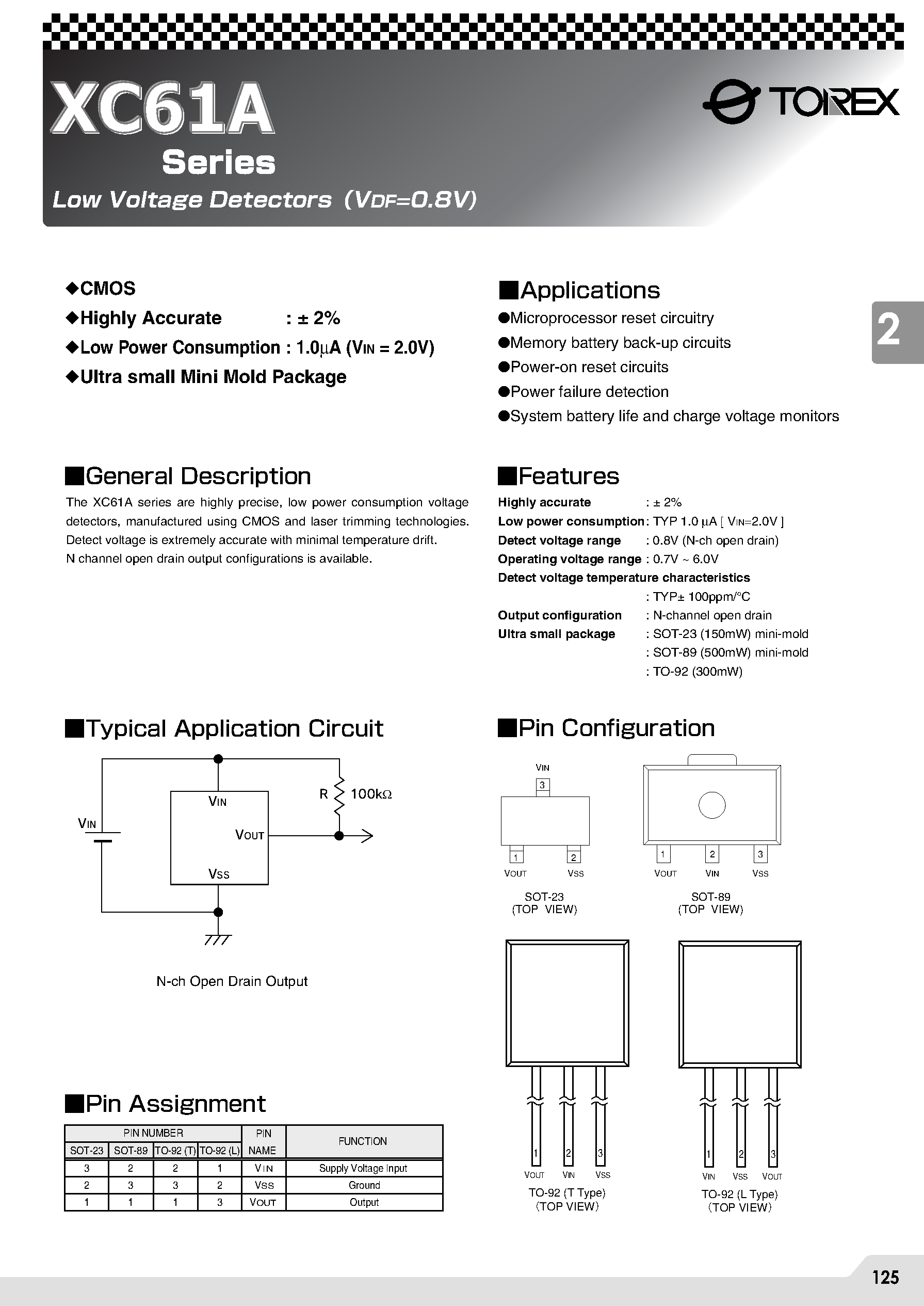 Datasheet XC61AN0802LRLH8 page 1 Datasheet XC61AN0802LRLH8 - Low Voltage DetectorsVDF=0.8V) page 1