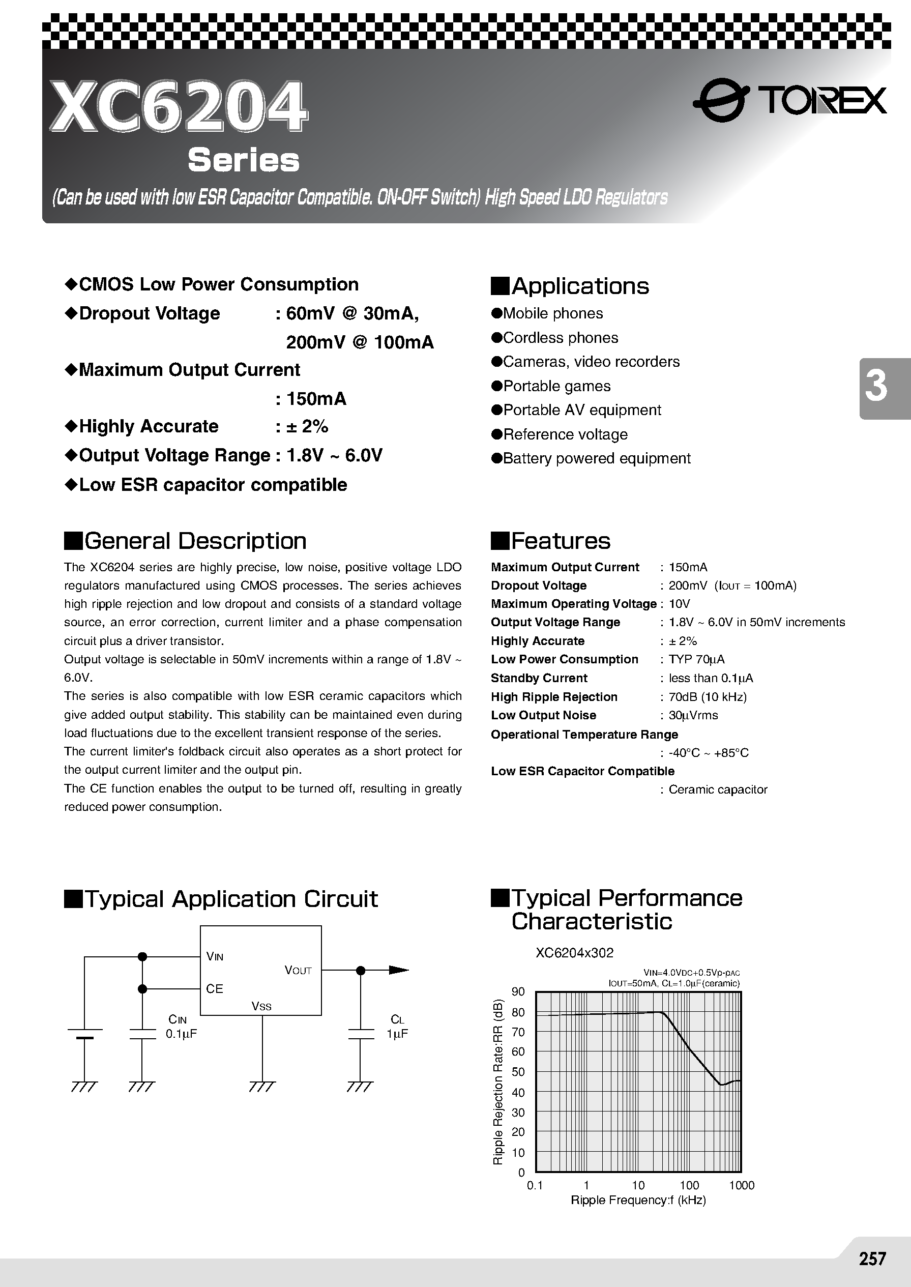Datasheet XC6204C302MR - (Can be used with low ESR Capacitor Compatible. ON-OFF Switch) High Speed LDO Regulators page 1