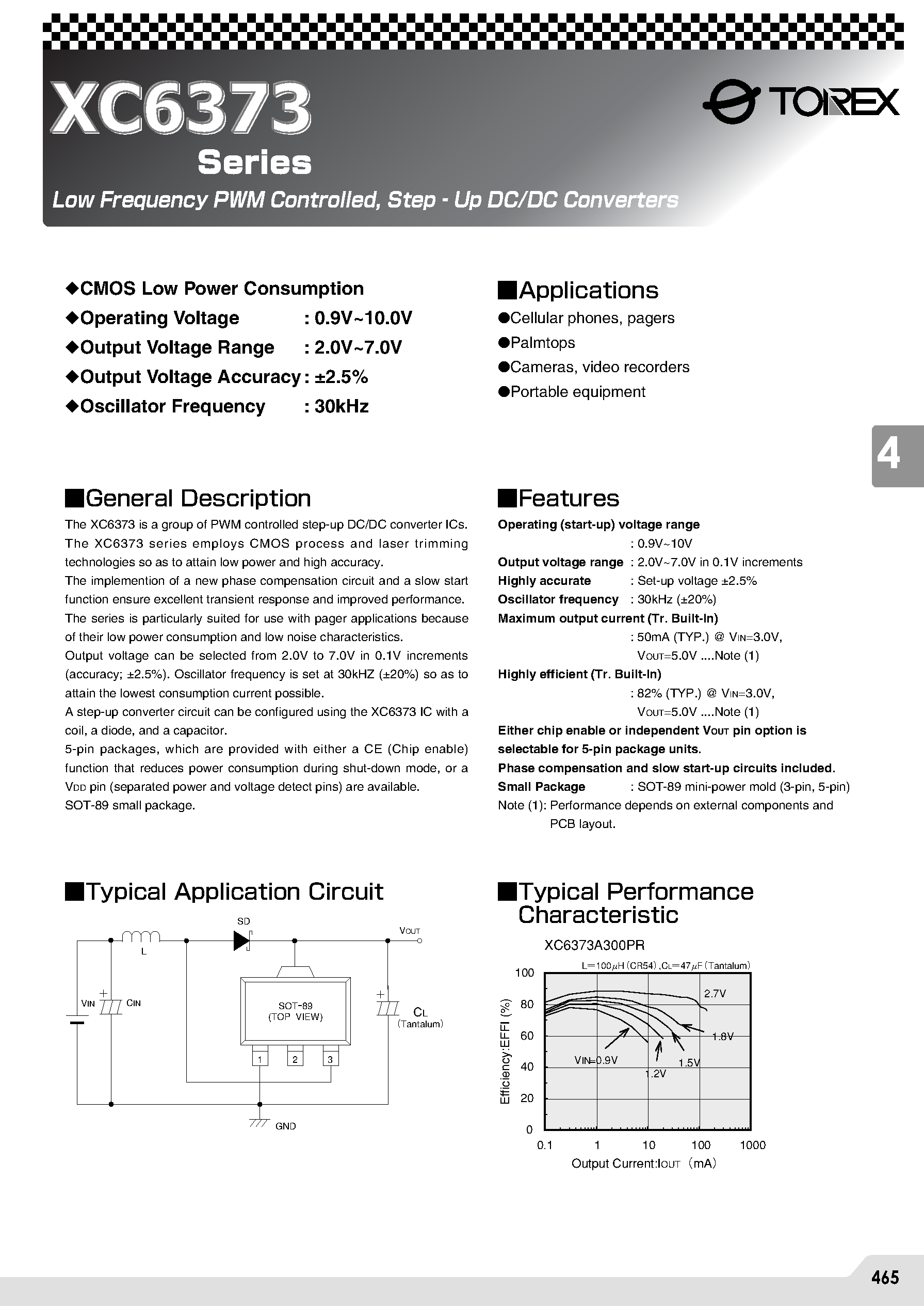 Datasheet XC6373 page 1 Datasheet XC6373 - LOW FREQUENCY PWM CONTROLLED STEP UP DC/DC CONVERTER page 1