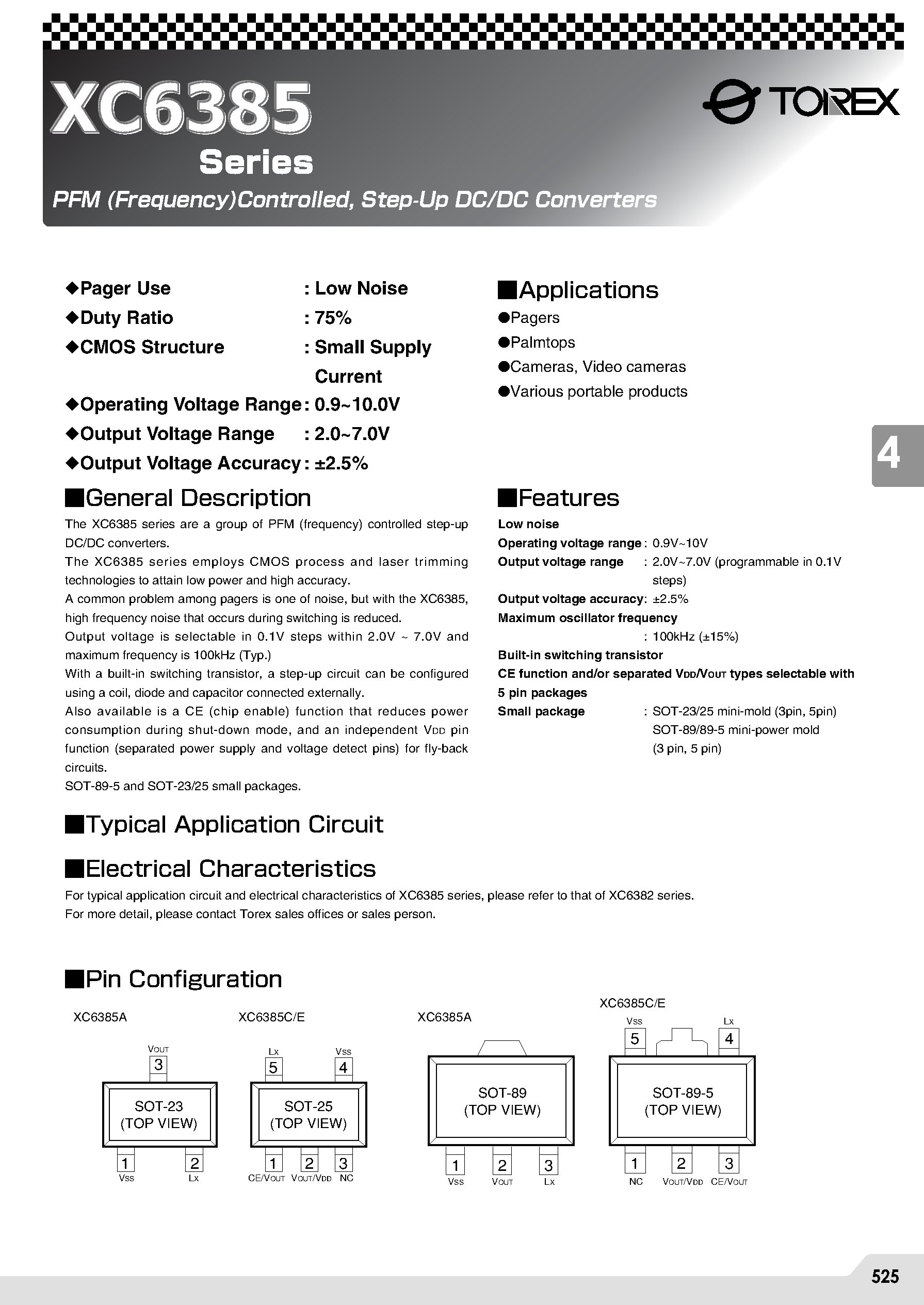 Даташит на микросхему XC6385E страница 1 Даташит XC6385E - PFM CONTROLLED STEP UP DC/DC CONVERTERS страница 1