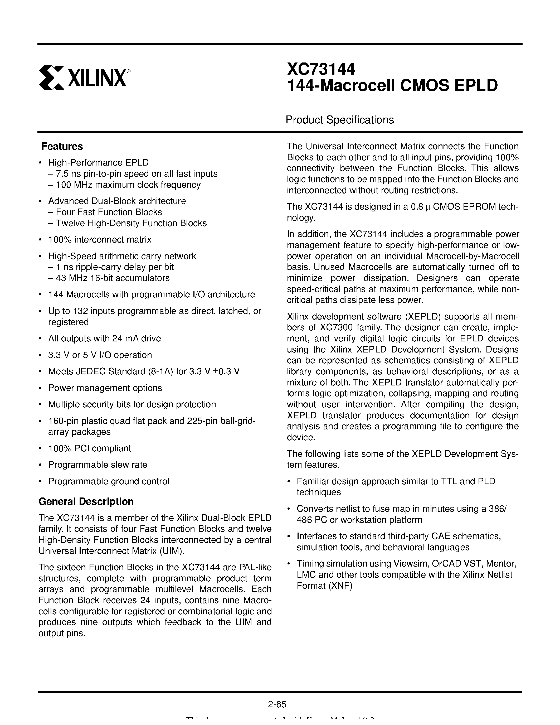 Datasheet XC73144-7 page 1 Datasheet XC73144-7 - 144-Macrocell CMOS EPLD page 1
