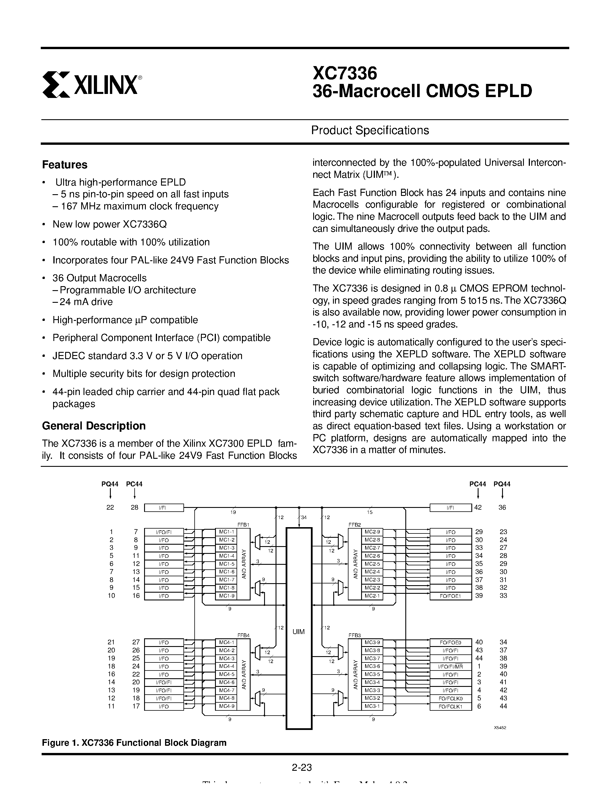 Datasheet XC7336-5 - 36-Macrocell CMOS EPLD page 1