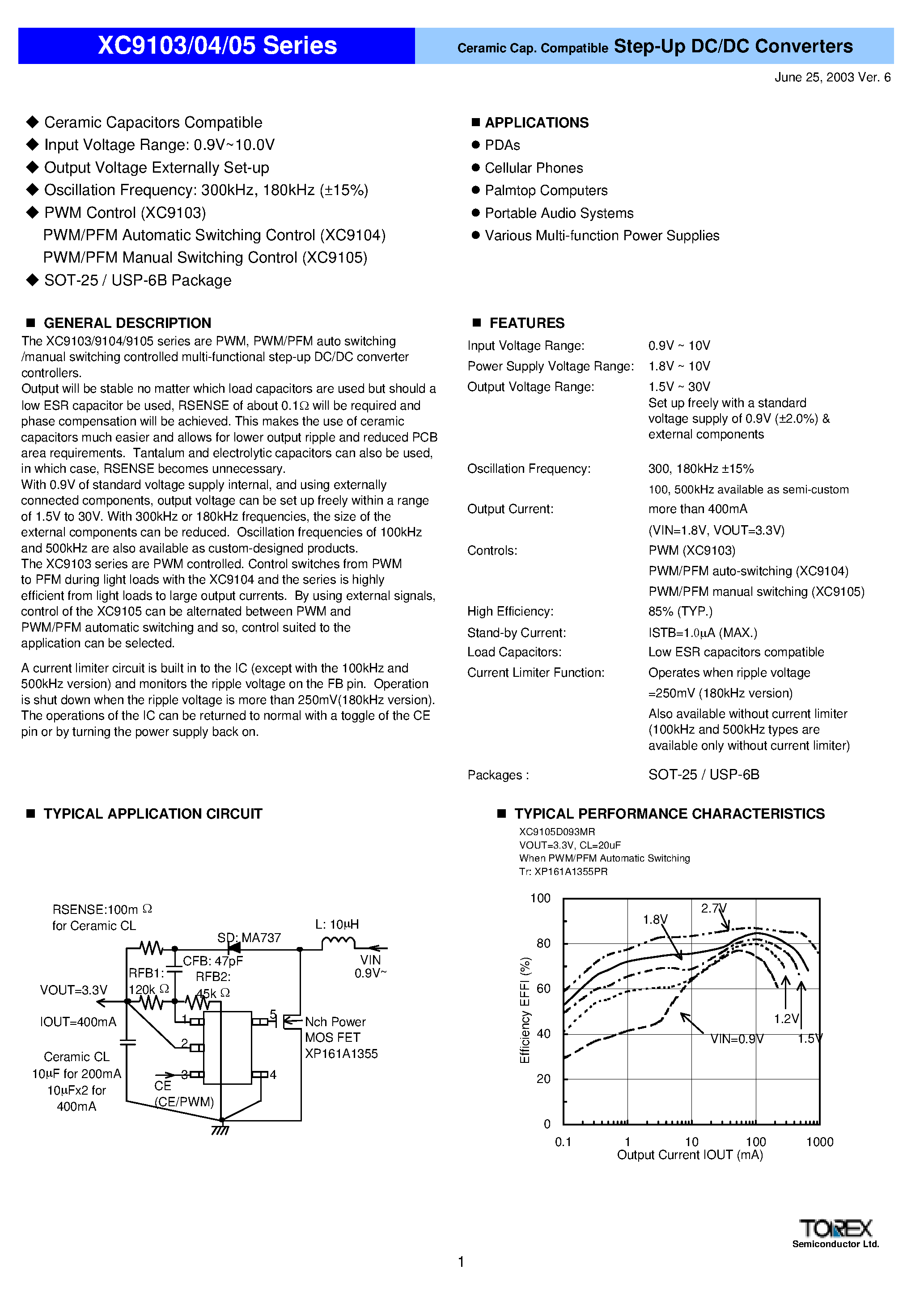 Даташит на микросхему XC9105 страница 1 Даташит XC9105 - Step-Up DC/DC Converters страница 1