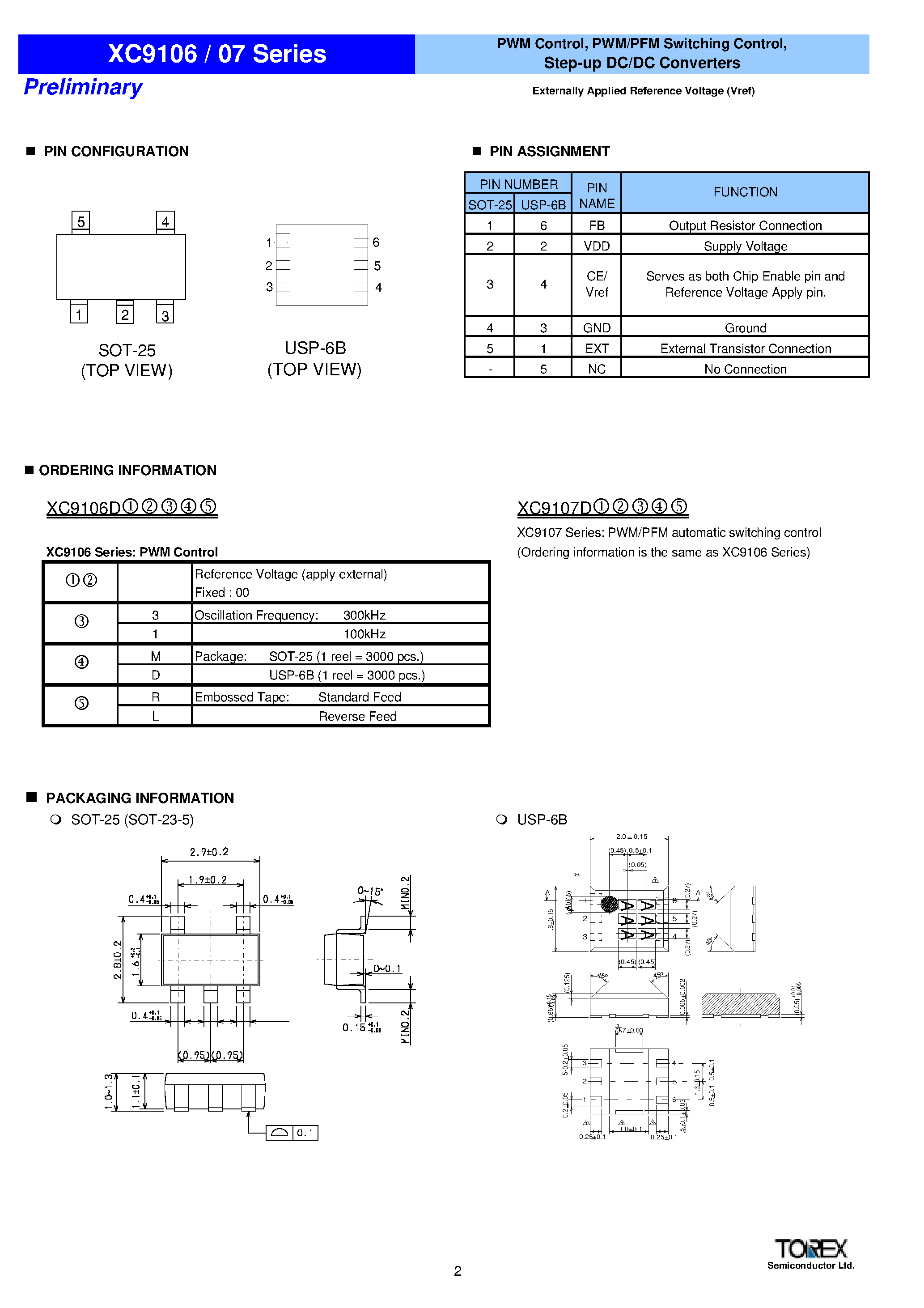 Datasheet XC9107D1MR - PWM Control/ PWM/PFM Switching Control/ Step-up DC/DC Converters page 2