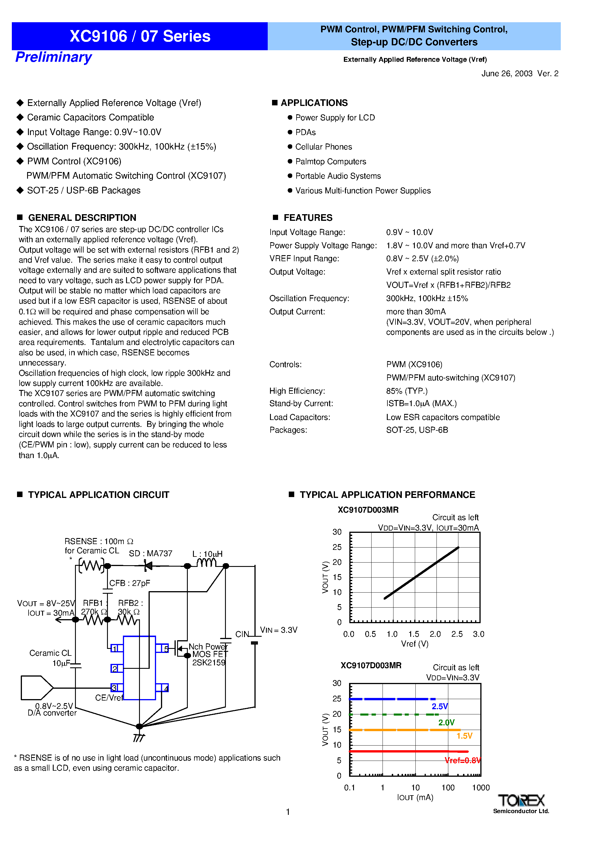 Datasheet XC9107D3DR page 1 Datasheet XC9107D3DR - PWM Control/ PWM/PFM Switching Control/ Step-up DC/DC Converters page 1
