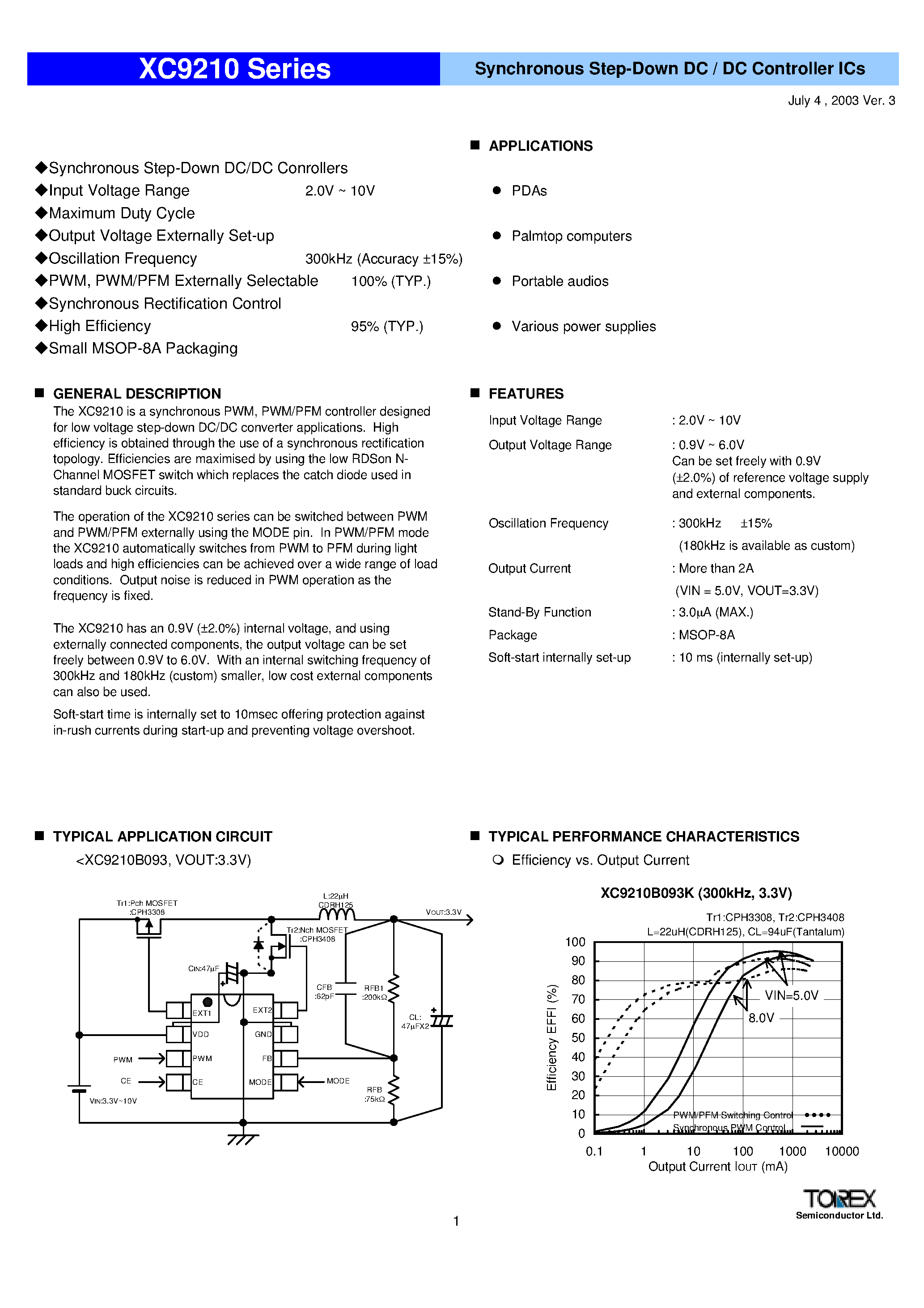 Даташит на микросхему XC9210 страница 1 Даташит XC9210 - Synchronous Step-Down DC / DC Controller ICs страница 1