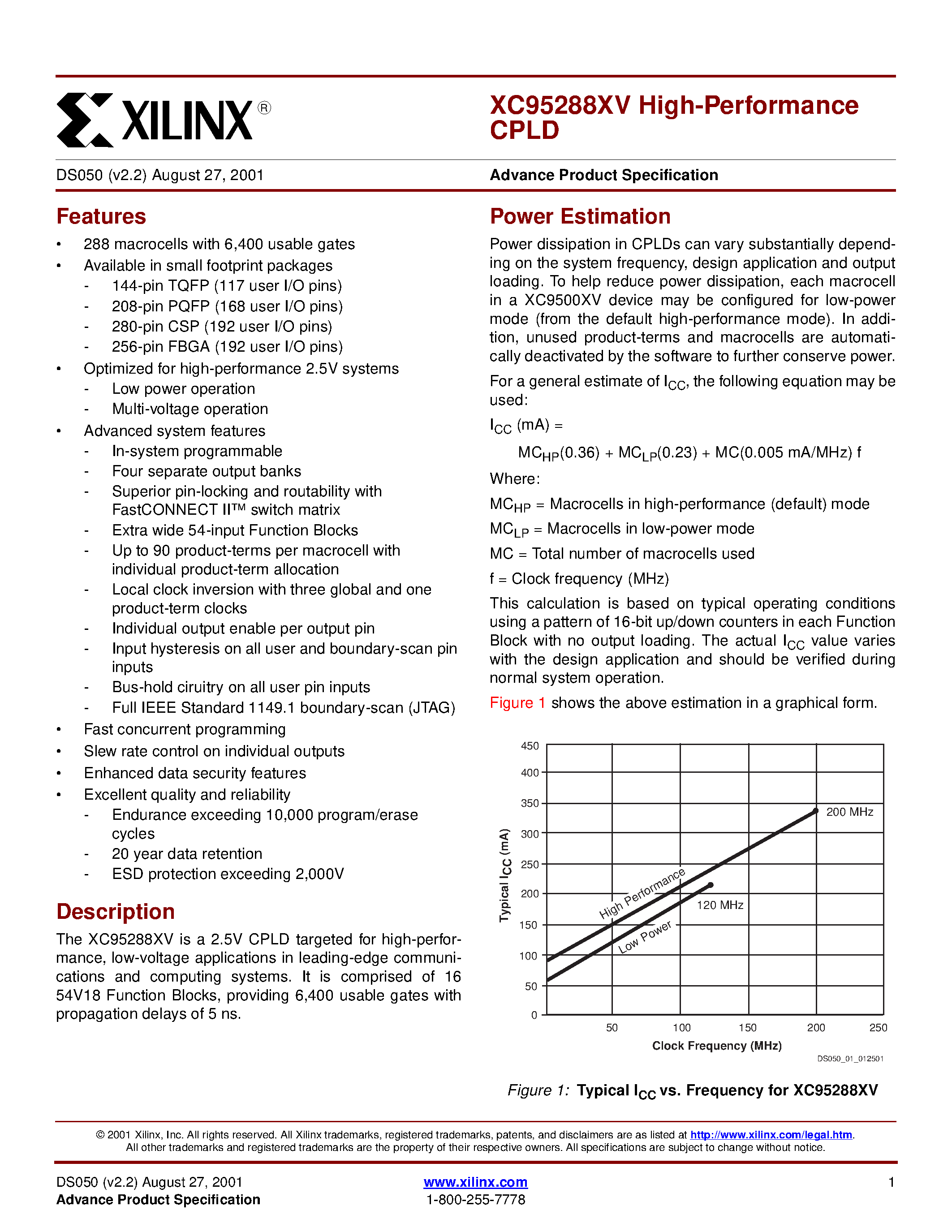 Datasheet XC95288XV-5 - High-Performance CPLD page 1