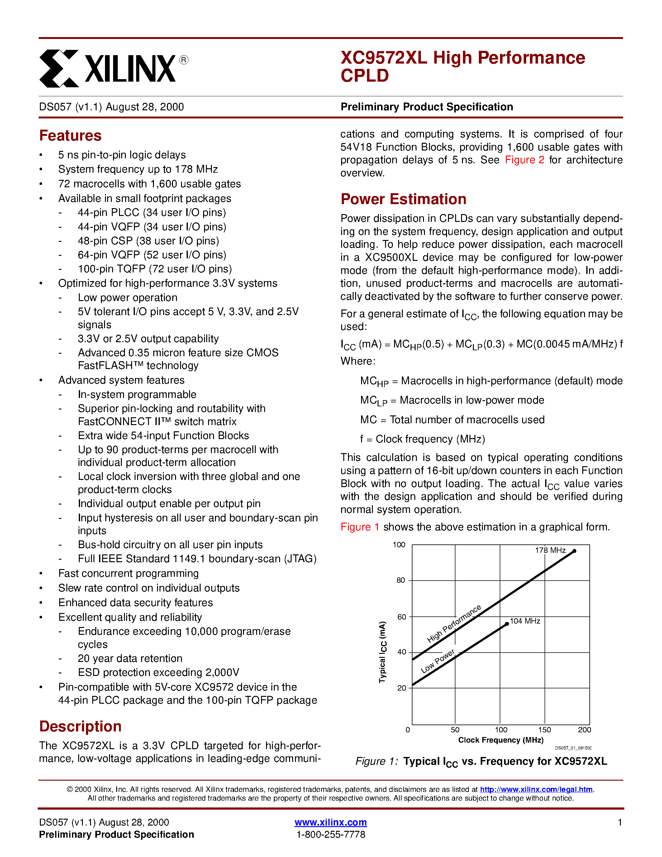 Datasheet XC9572XL-7 - XC9572XL High Performance CPLD page 1