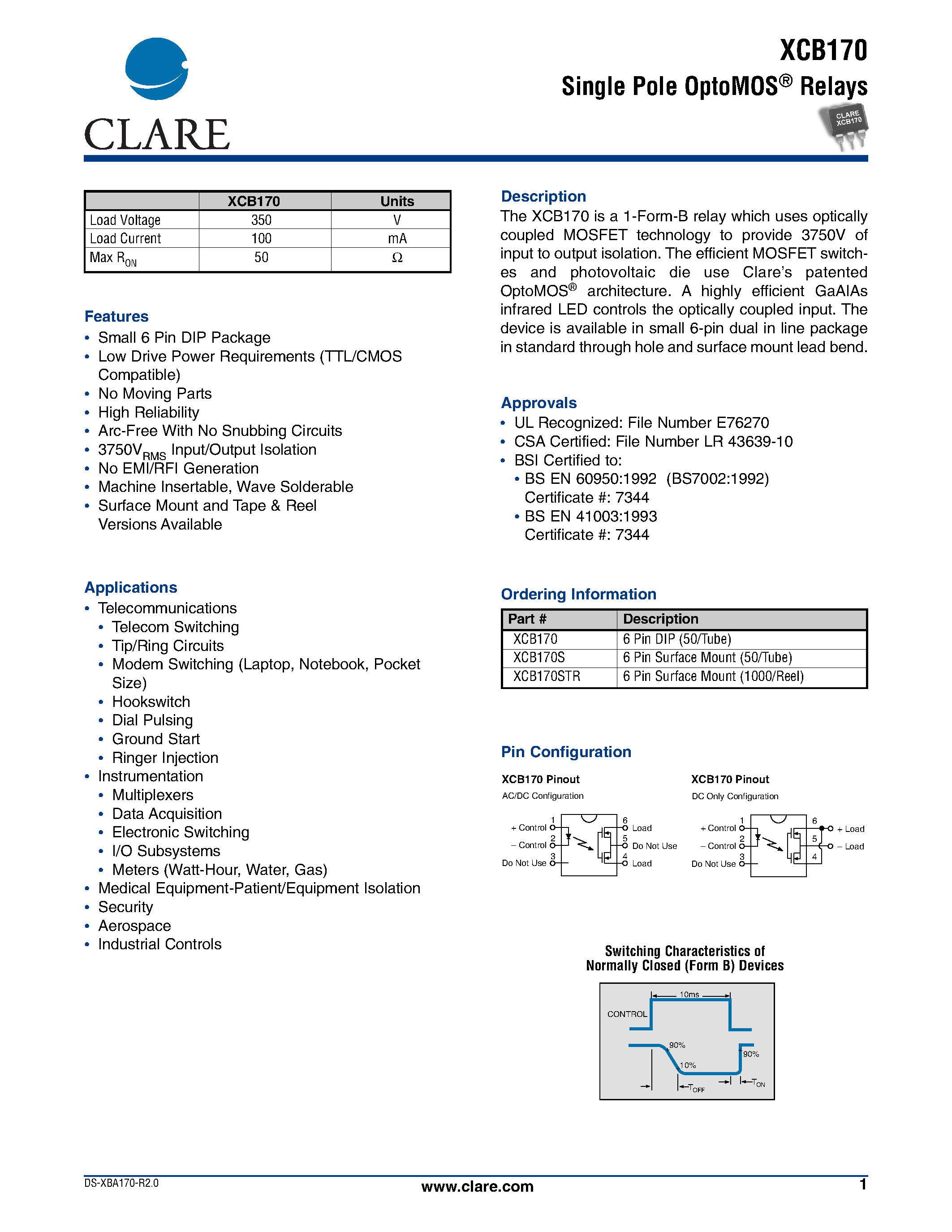 Datasheet XCB170STR - Single Pole OptoMOS Relays page 1
