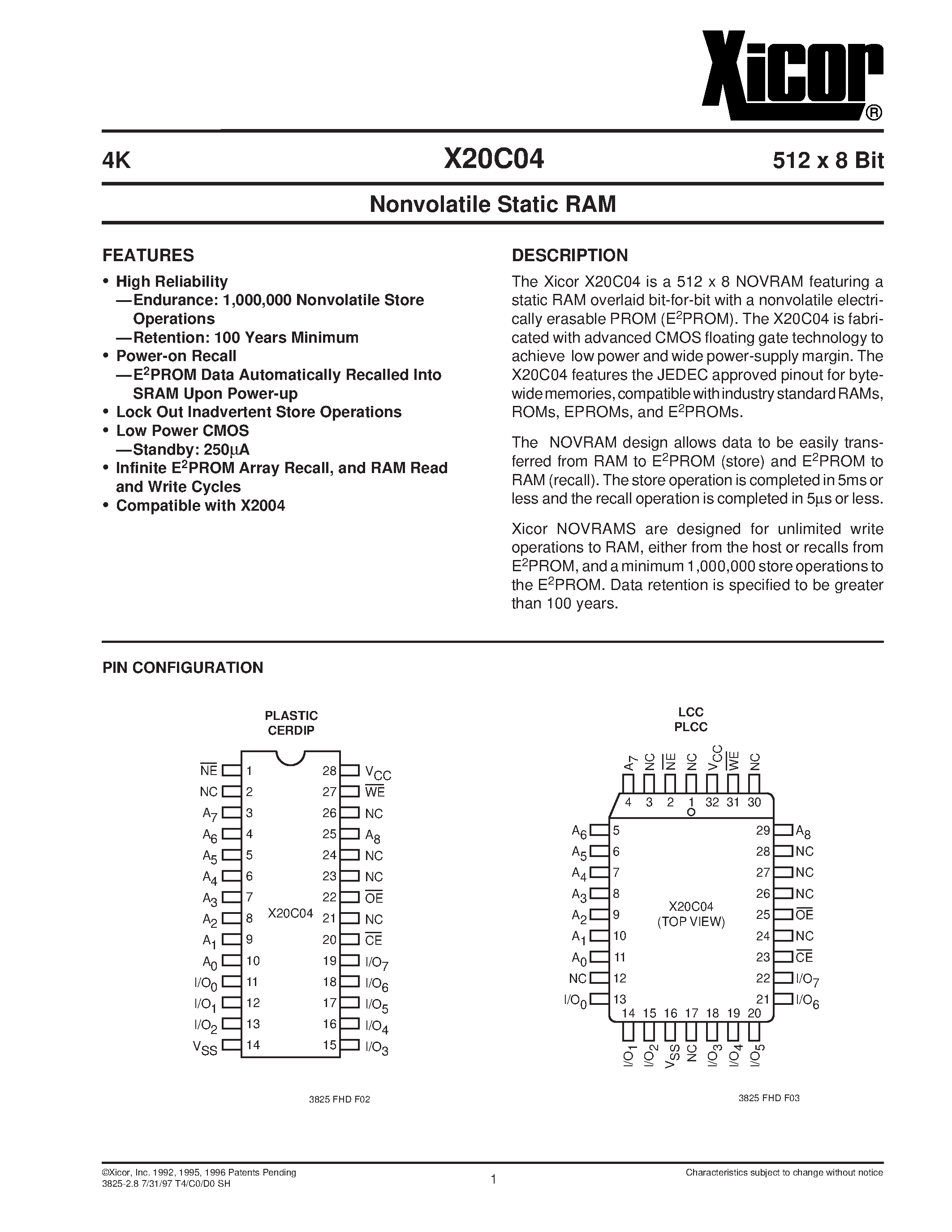 Datasheet X20C04P-15 - Nonvolatile Static RAM page 1