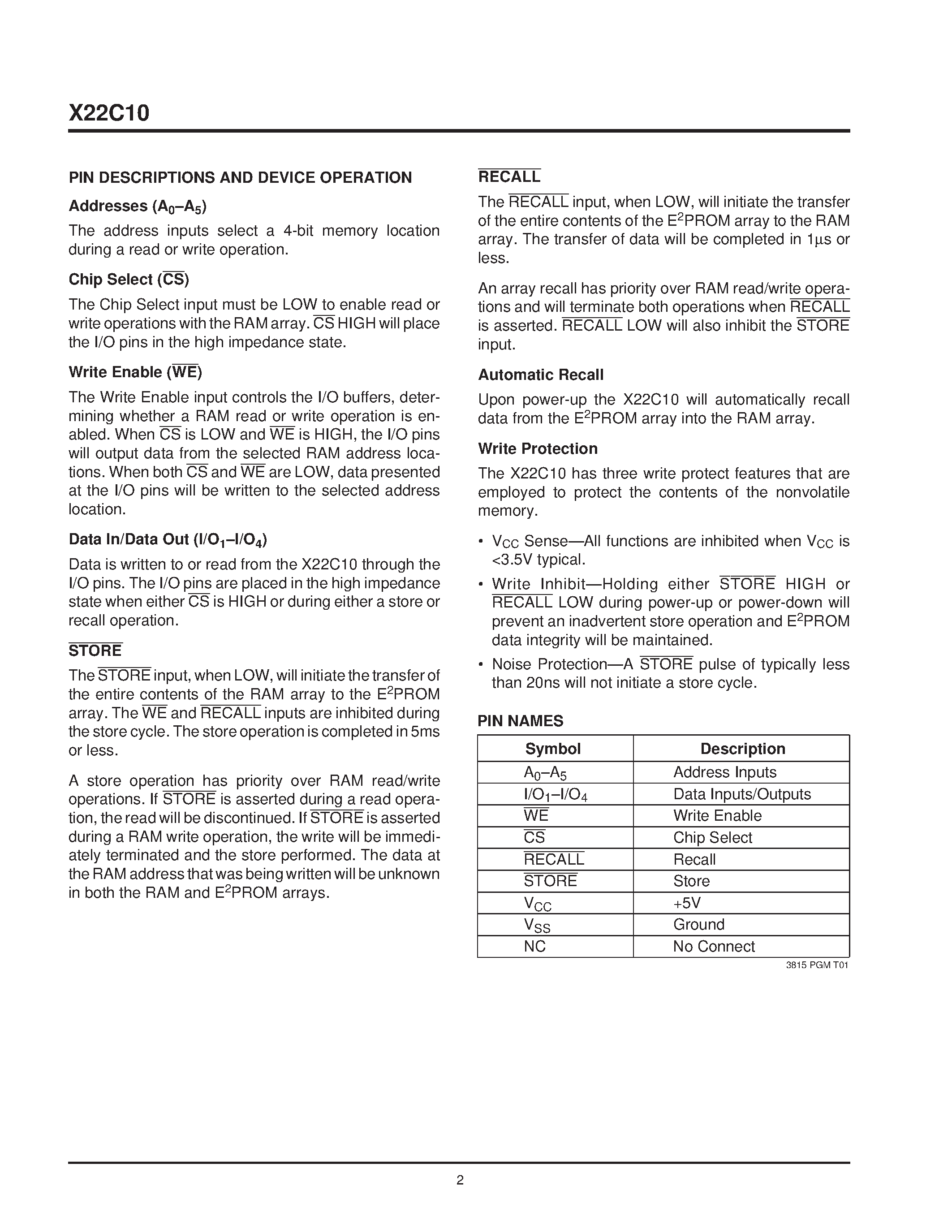 Datasheet X22C10PMB page 2 Datasheet X22C10PMB - Nonvolatile Static RAM page 2