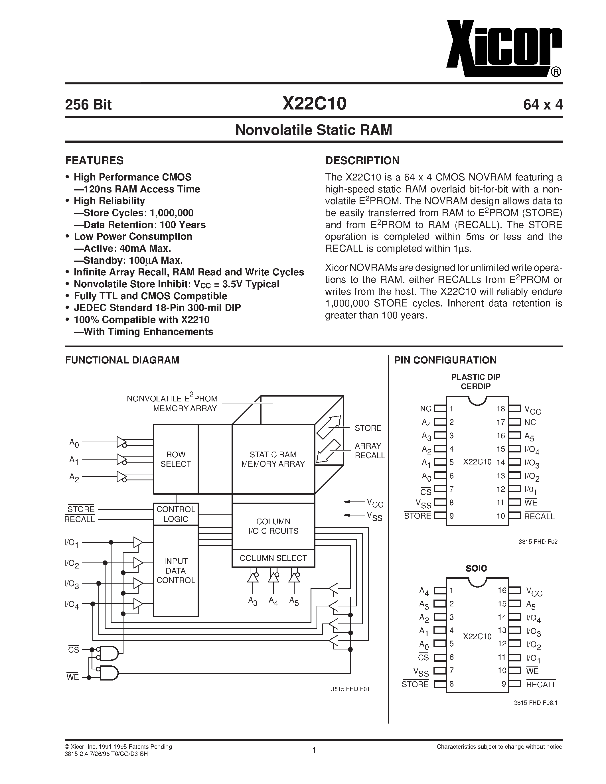 Даташит X22C10SMB - Nonvolatile Static RAM страница 1