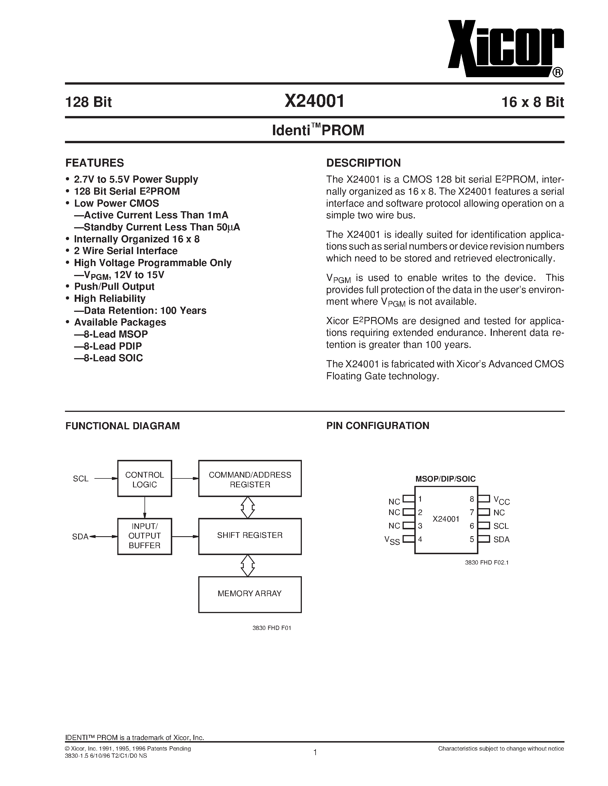 Datasheet X24001S-2.7 - IdentiPROM page 1