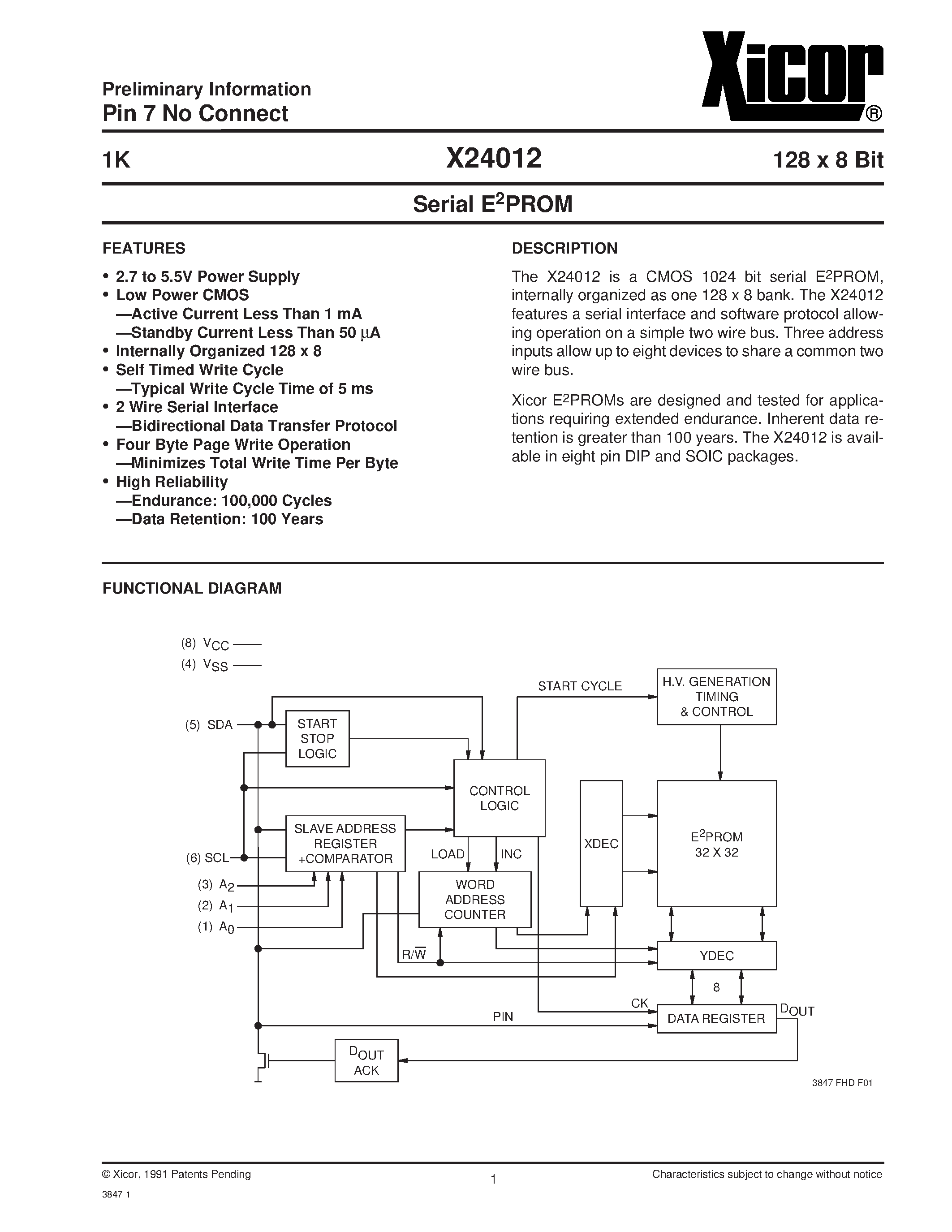 Datasheet X24012PI-2.7 - Serial E2PROM page 1