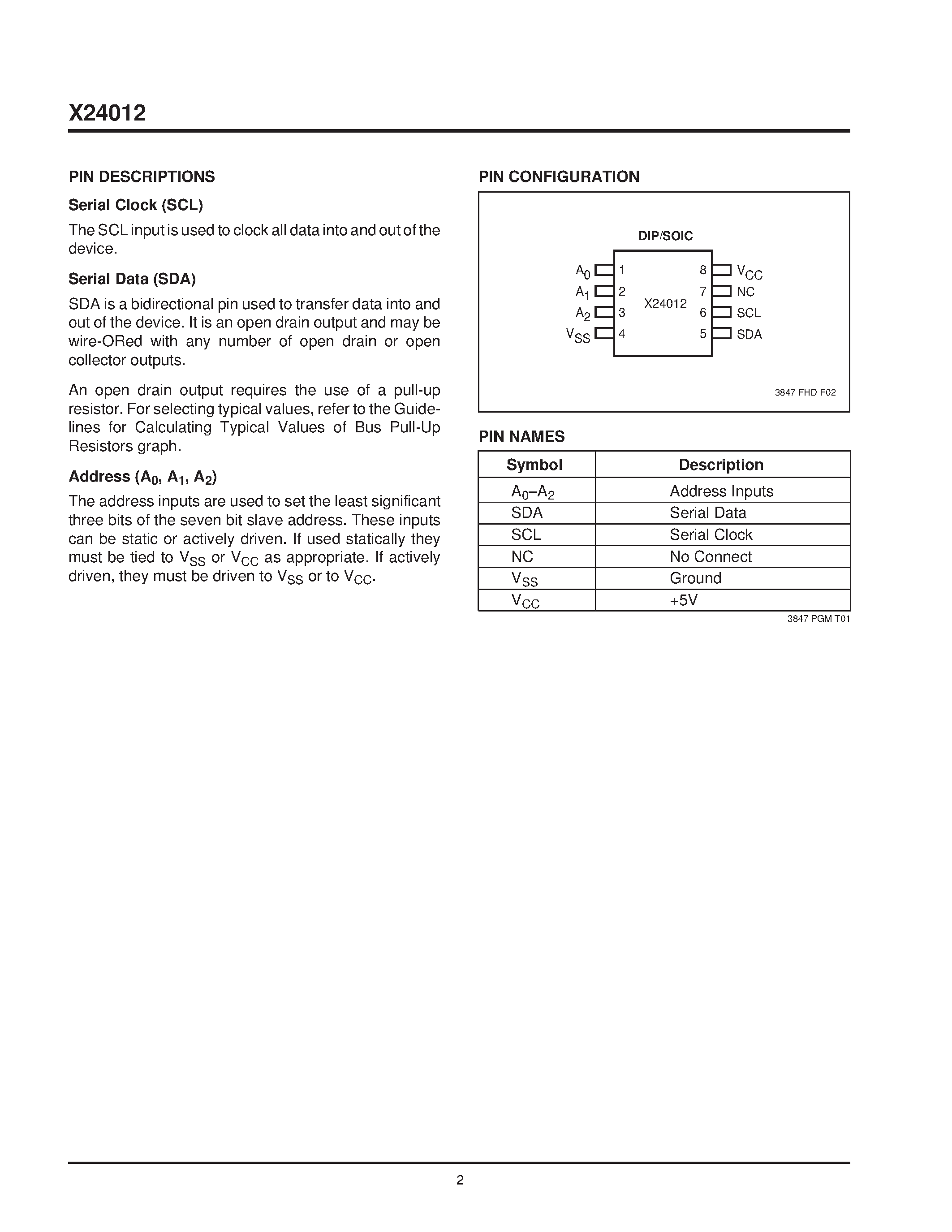 Datasheet X24012PI-2.7 - Serial E2PROM page 2