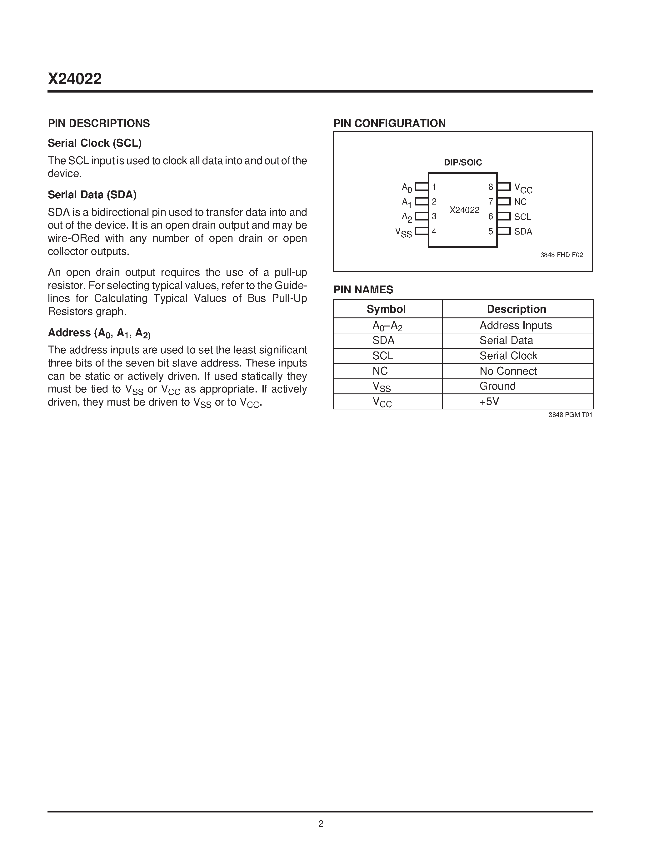 Datasheet X24022P-2.7 - Serial E2PROM page 2