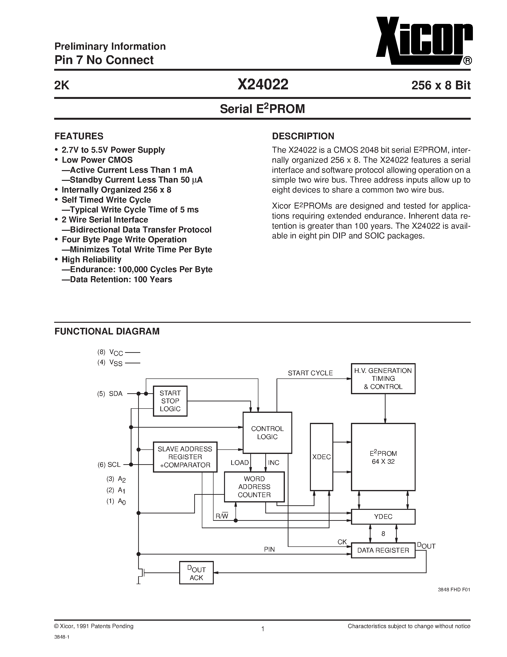 Datasheet X24022PM-2.7 - Serial E2PROM page 1
