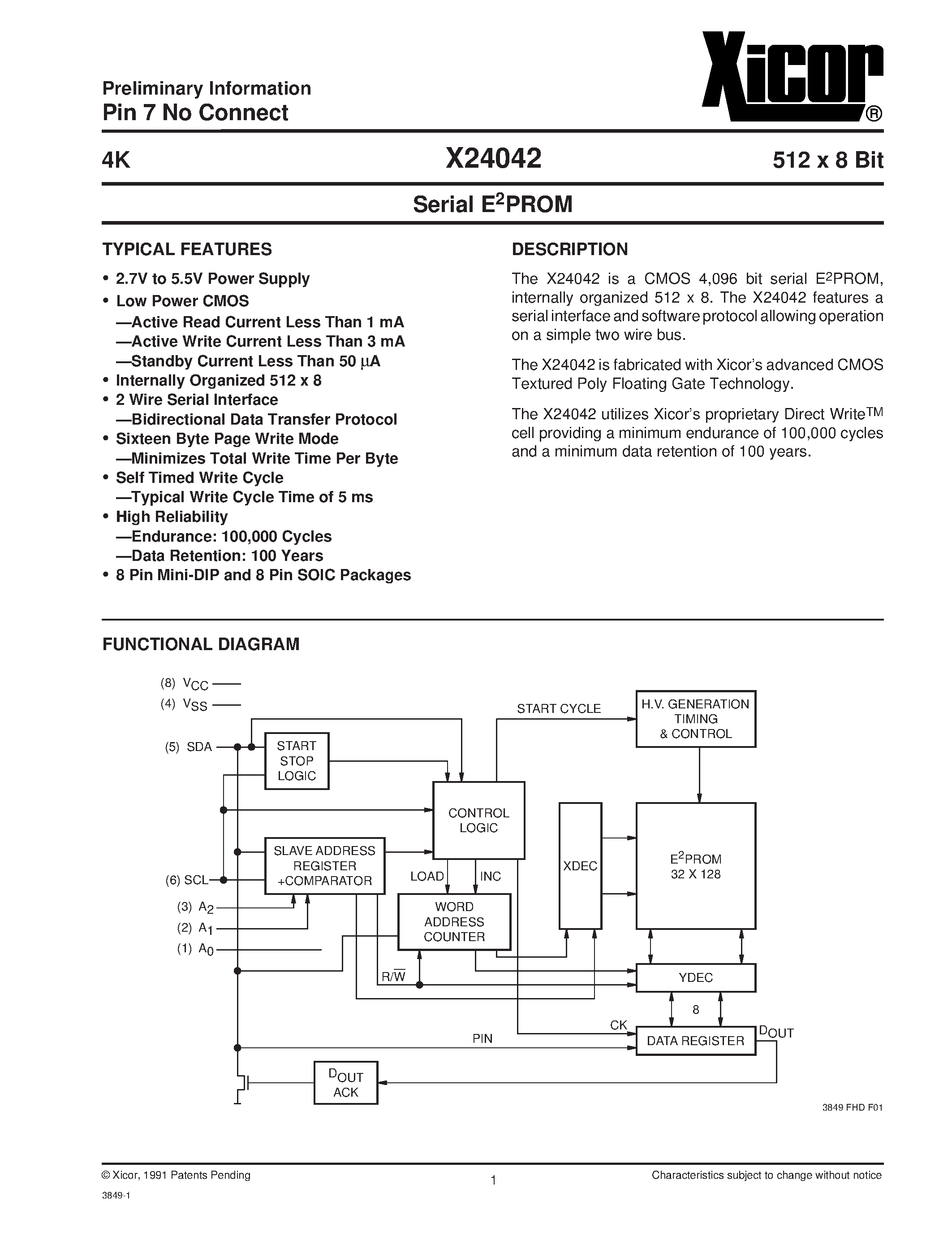 Datasheet X24042PI-3 page 1 Datasheet X24042PI-3 - Serial E2PROM page 1