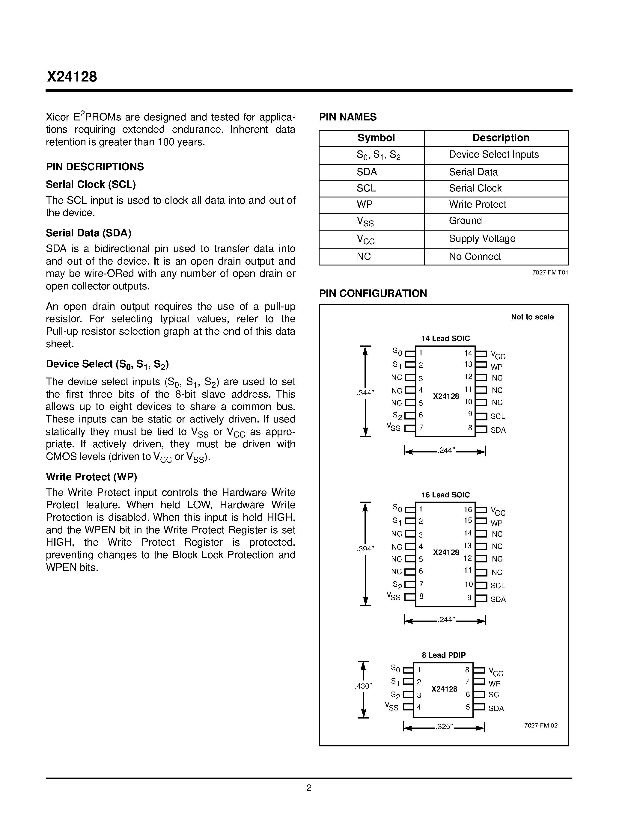 Datasheet X24128SI-2.5 page 2 Datasheet X24128SI-2.5 - 400KHz 2-Wire Serial E2PROM with Block Lock page 2