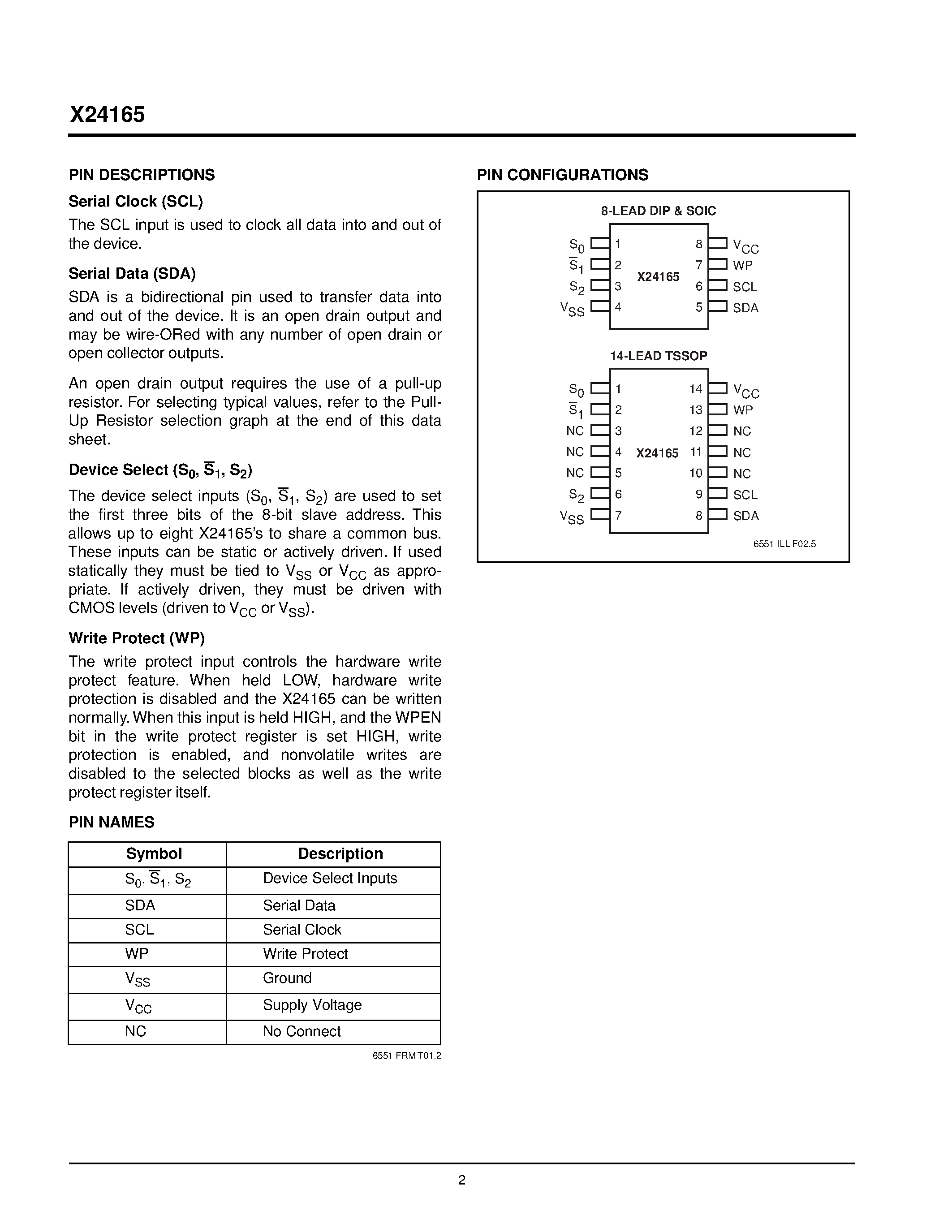 Datasheet X24165 - Advanced 2-Wire Serial E2PROM with Block Lock Protection page 2