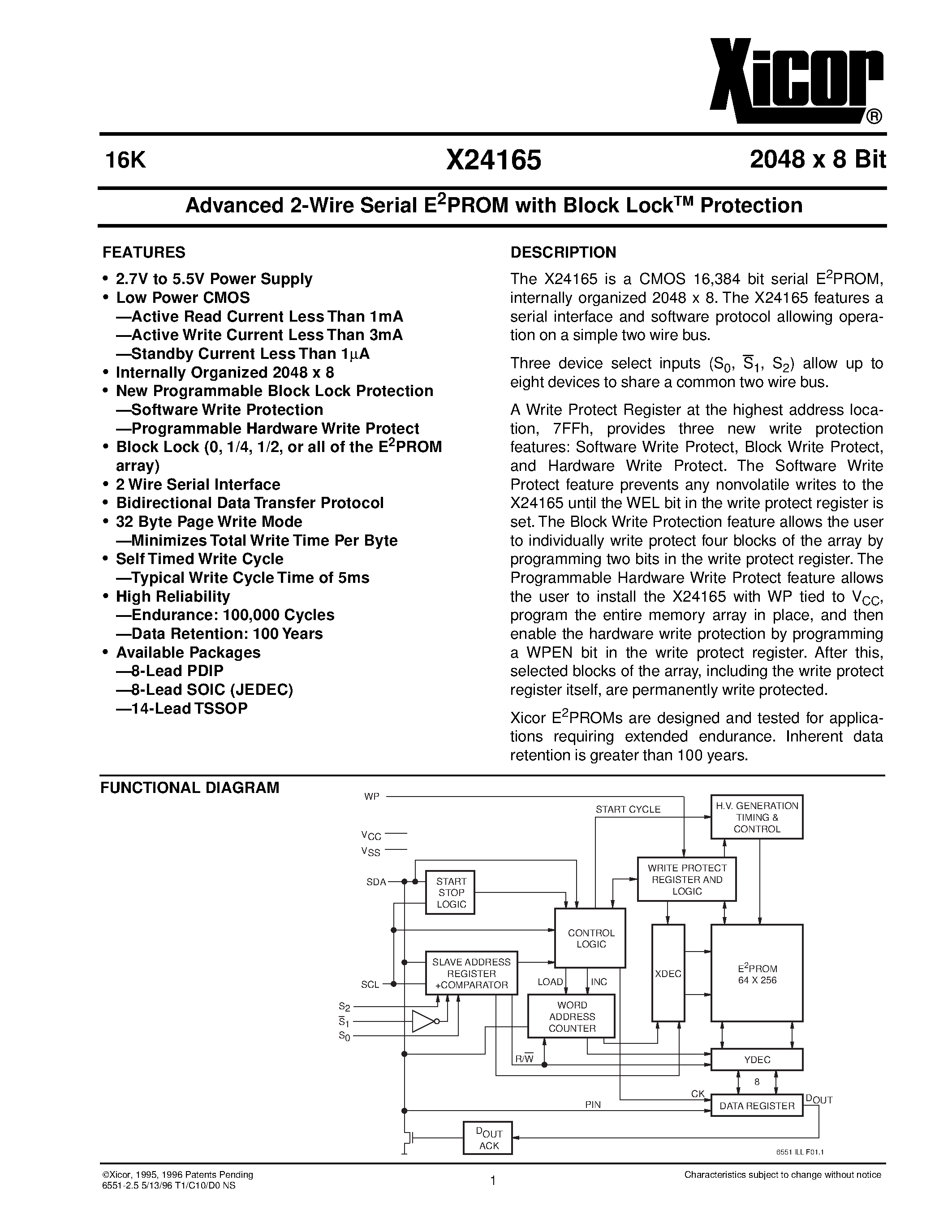 Datasheet X24165PI-2.7 page 1 Datasheet X24165PI-2.7 - Advanced 2-Wire Serial E2PROM with Block Lock Protection page 1