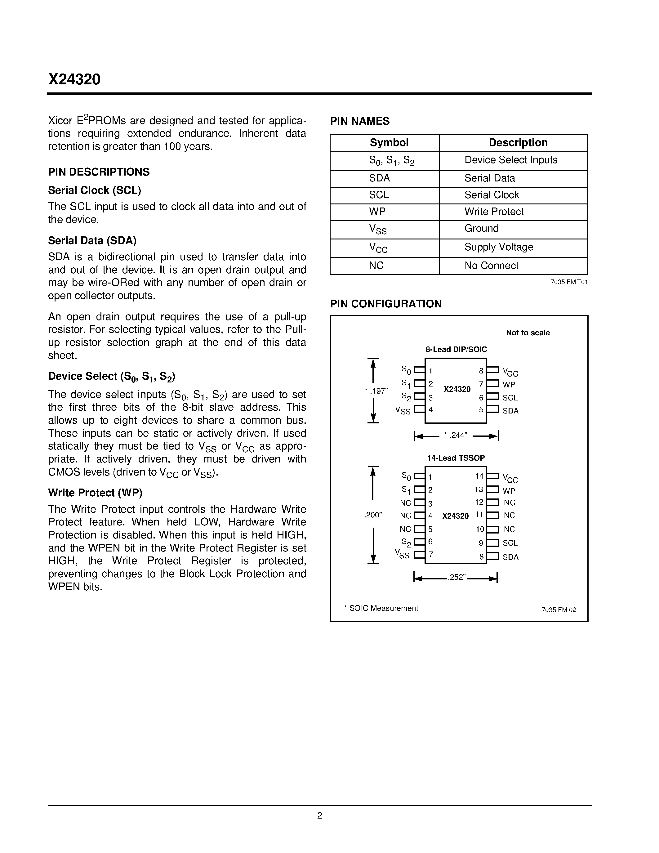Datasheet X24320S8 - 400KHz 2-Wire Serial E2PROM with Block Lock page 2