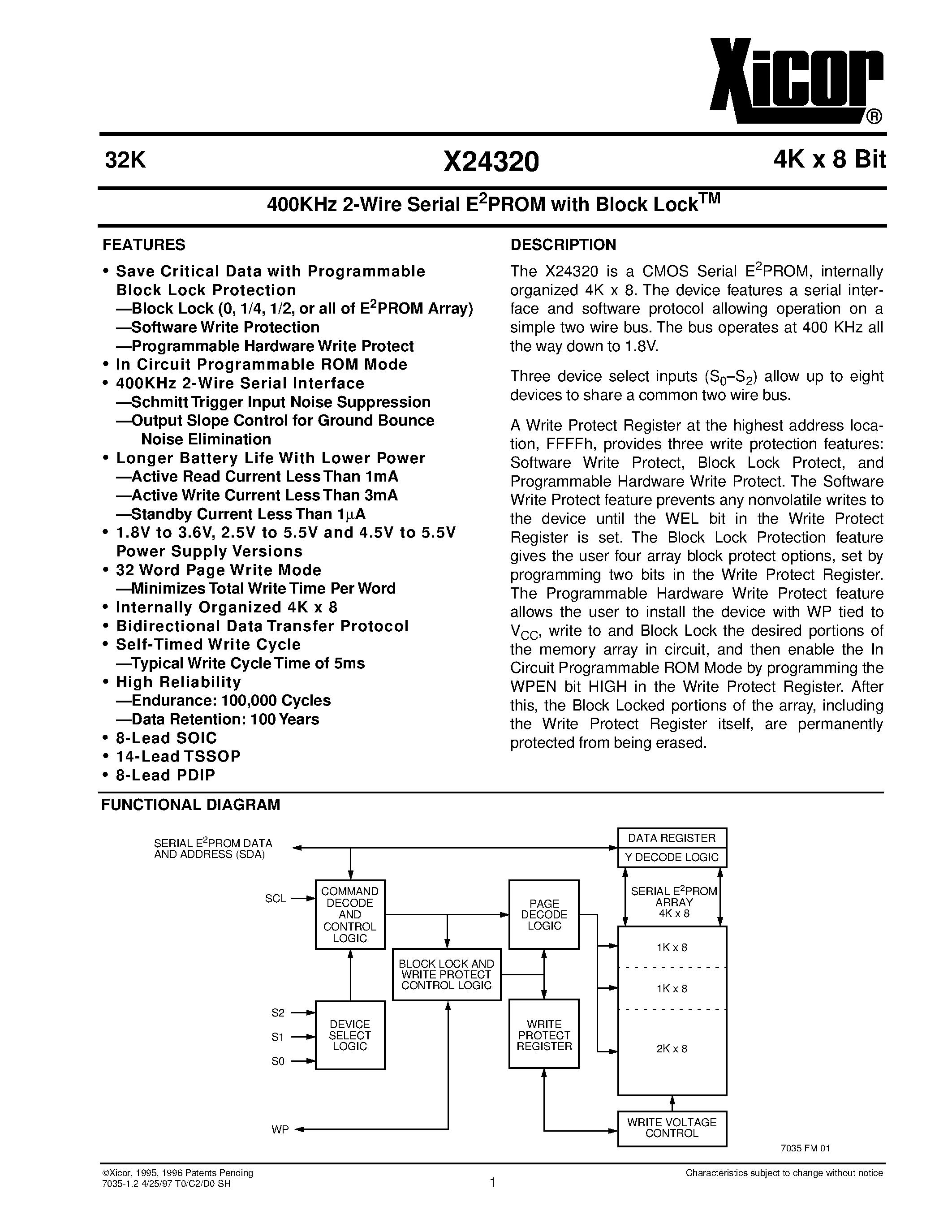 Datasheet X24320S8I-1.8 - 400KHz 2-Wire Serial E2PROM with Block Lock page 1